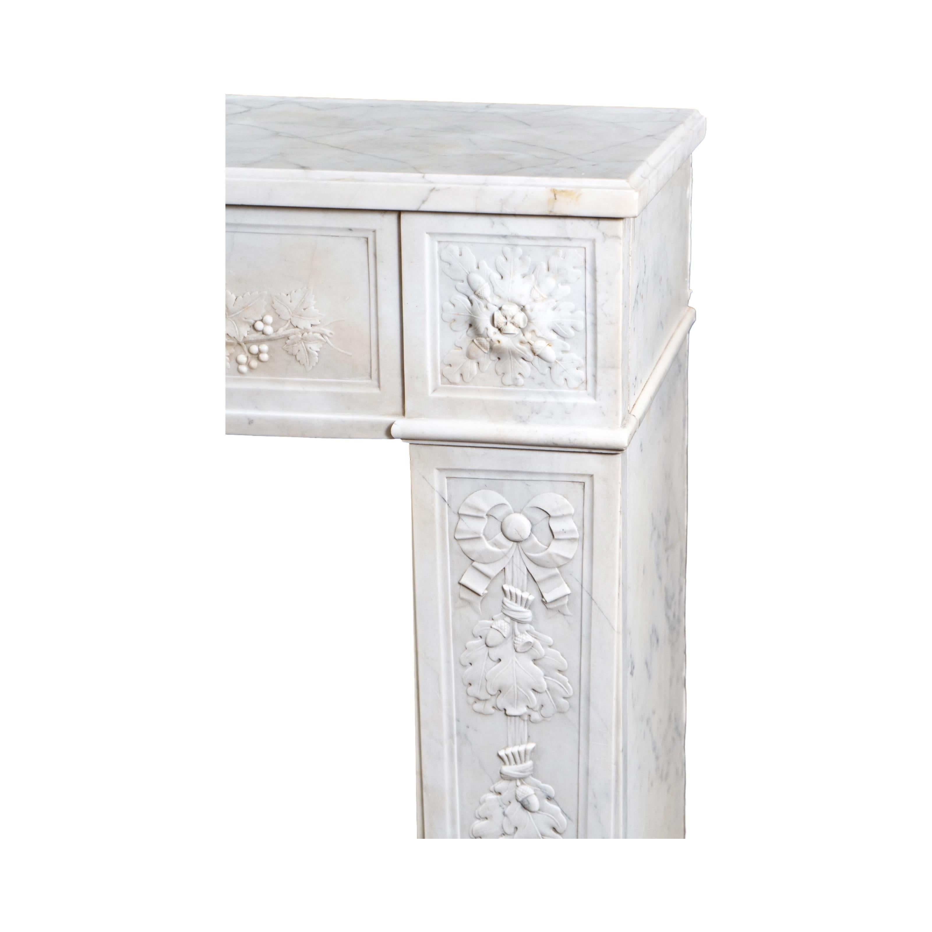 19th Century French White Veined Carrara Marble Mantel For Sale