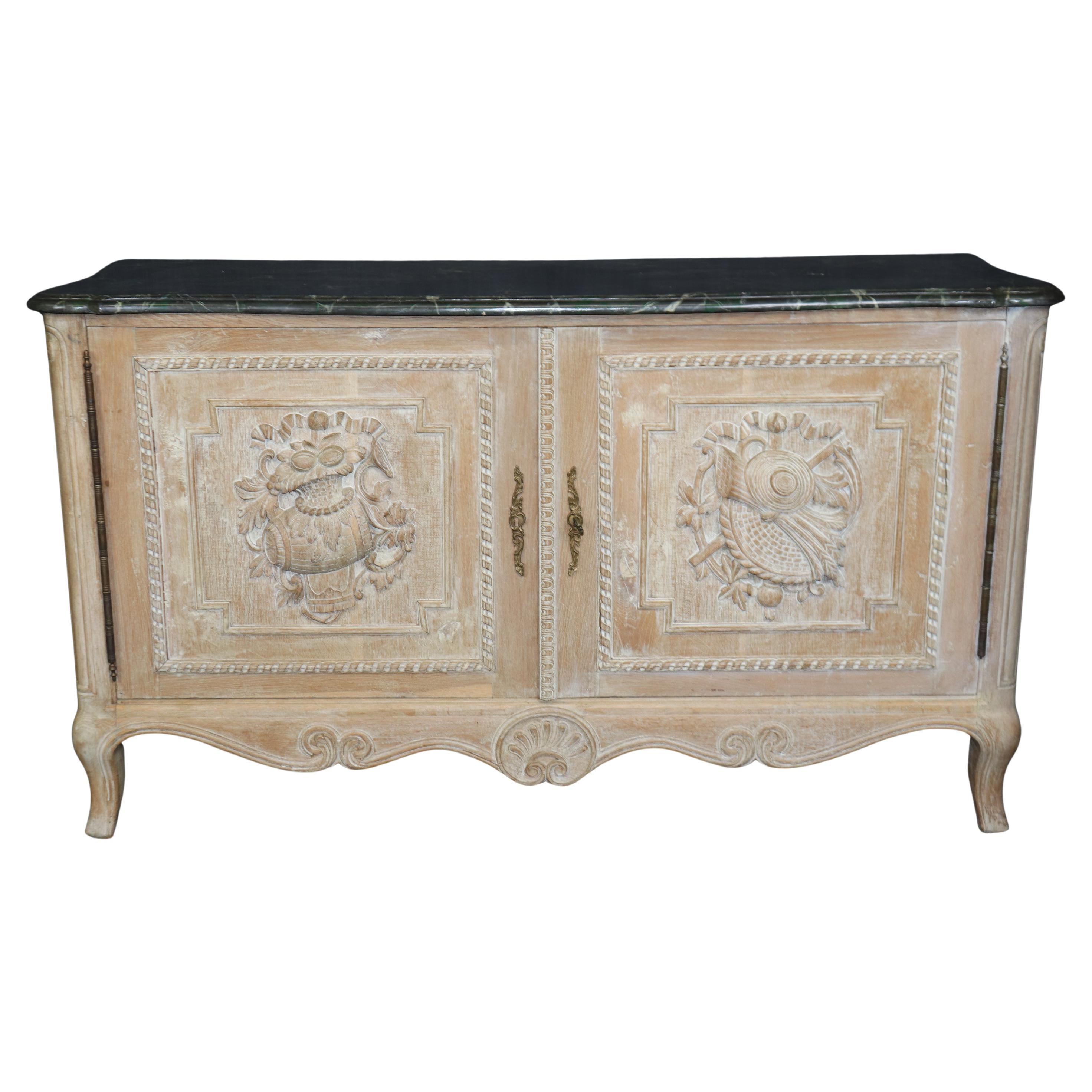 French White-Washed Carved Walnut Louis XV Style Faux Marble Commode Dresser