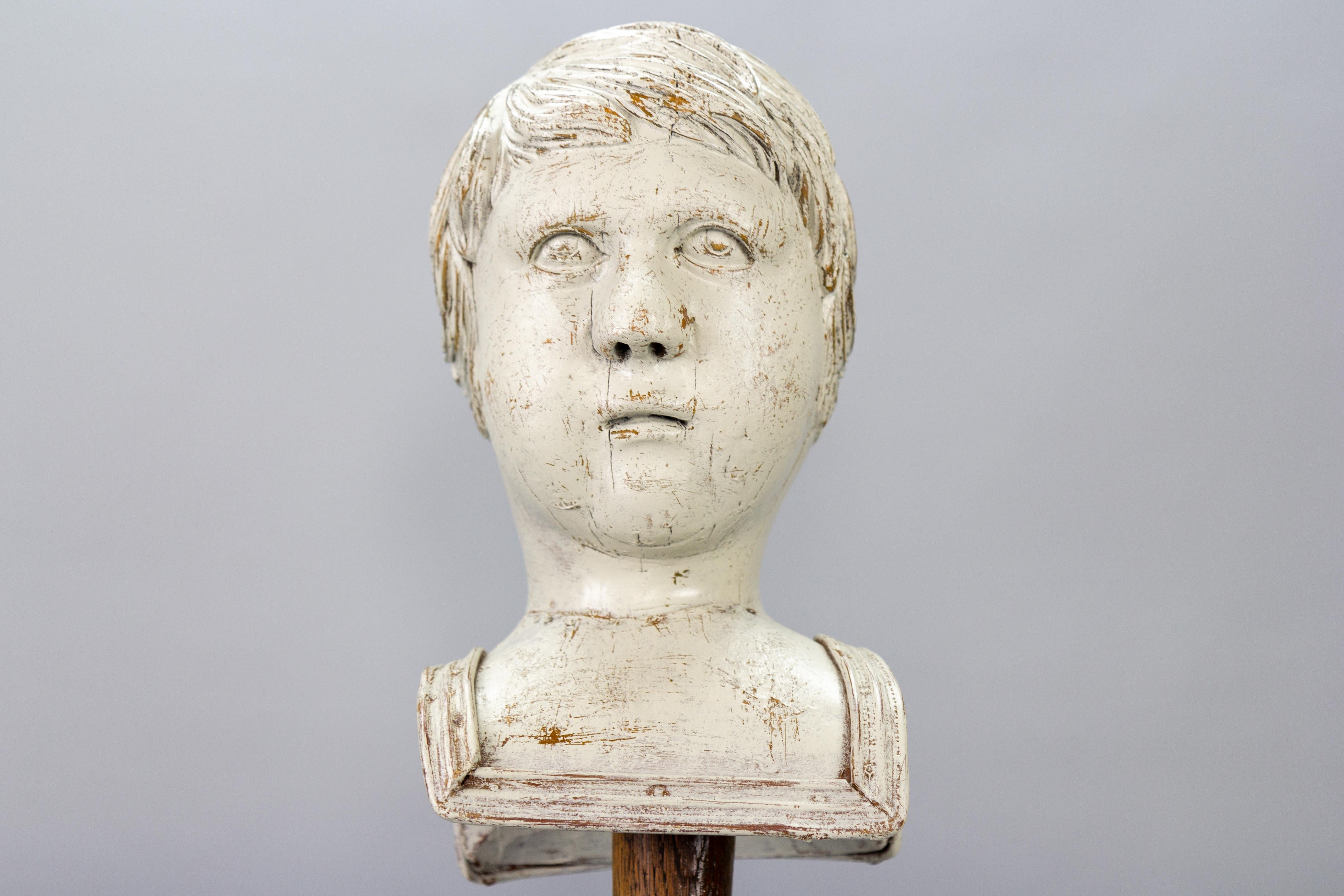 French Whitewashed Carved Wooden Sculpture Head or Bust on a Pedestal For Sale 3
