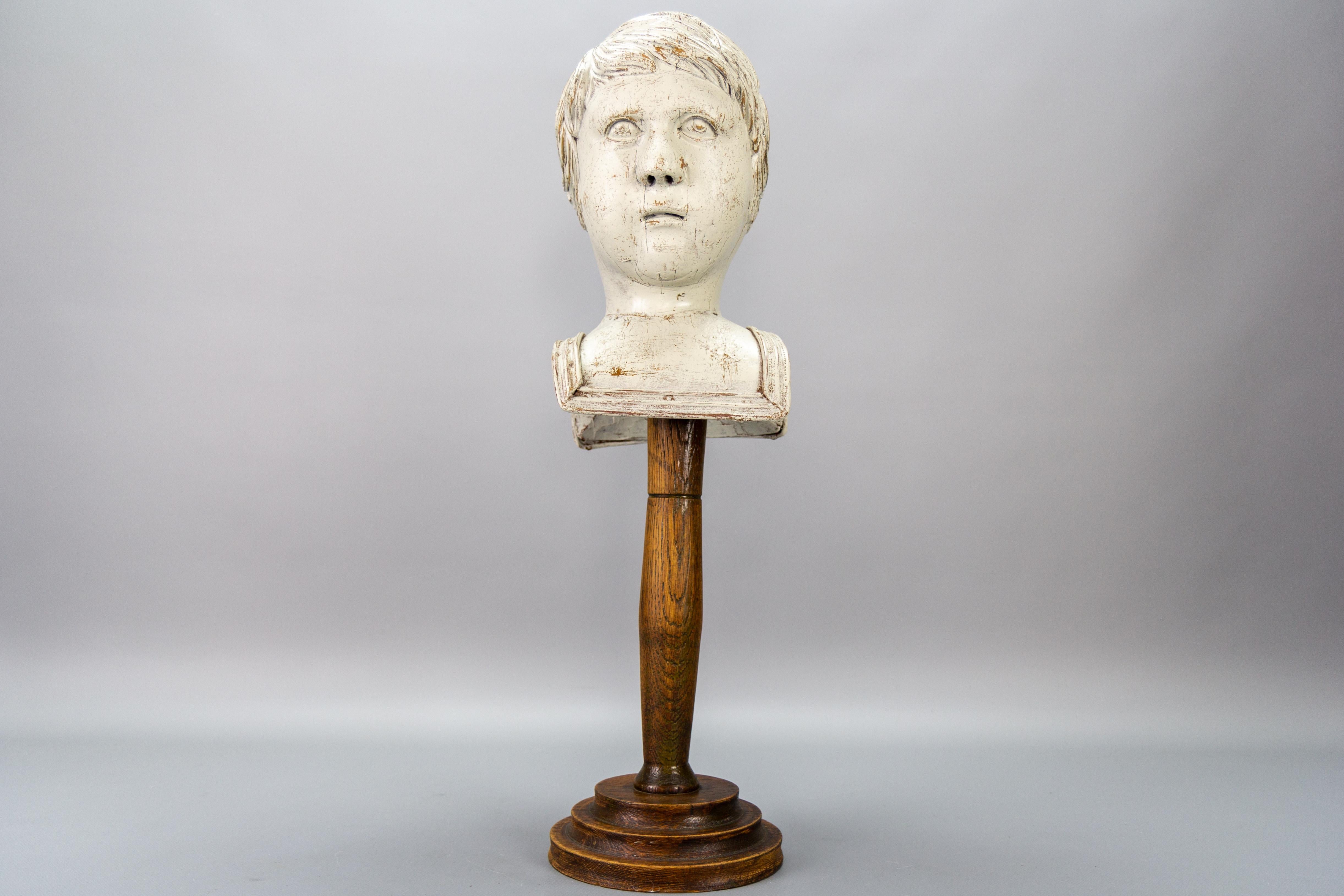 French Whitewashed Carved Wooden Sculpture Head or Bust on a Pedestal For Sale 4