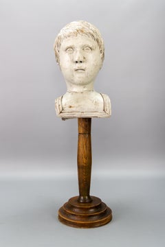 French Whitewashed Carved Wooden Sculpture Head or Bust on a Pedestal