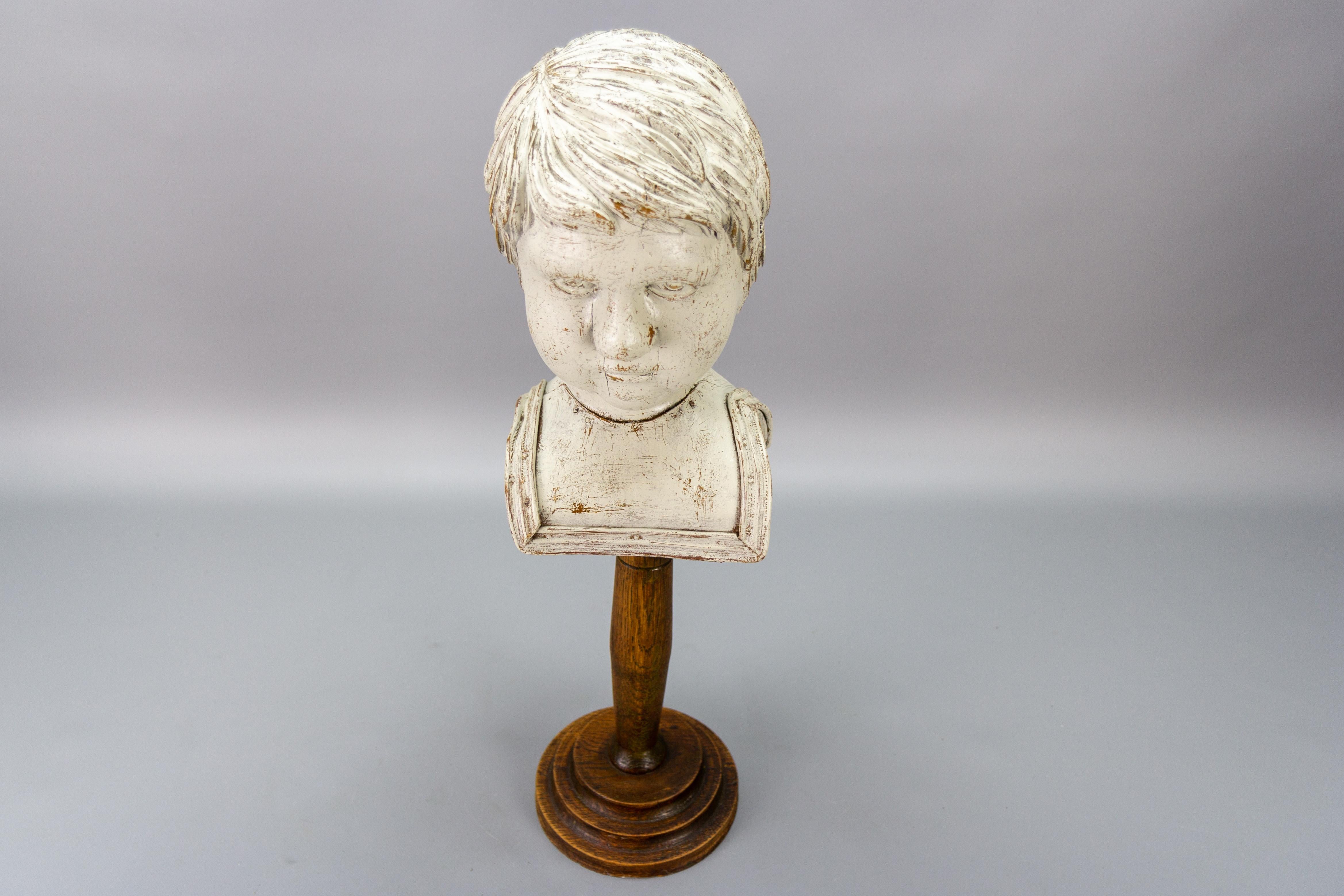 French Whitewashed Carved Wooden Sculpture Head or Bust on a Pedestal For Sale 13