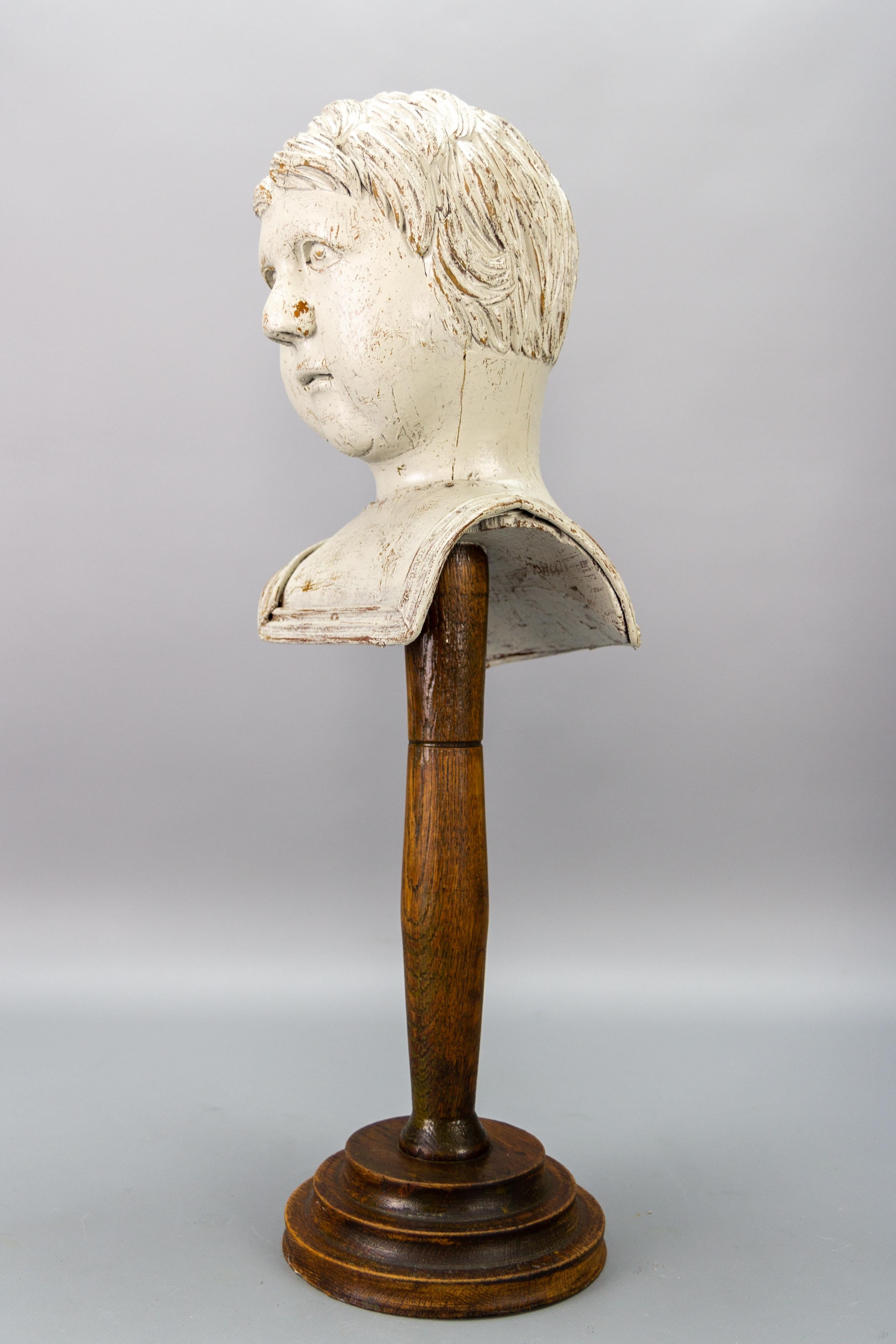 Baroque French Whitewashed Carved Wooden Sculpture Head or Bust on a Pedestal For Sale