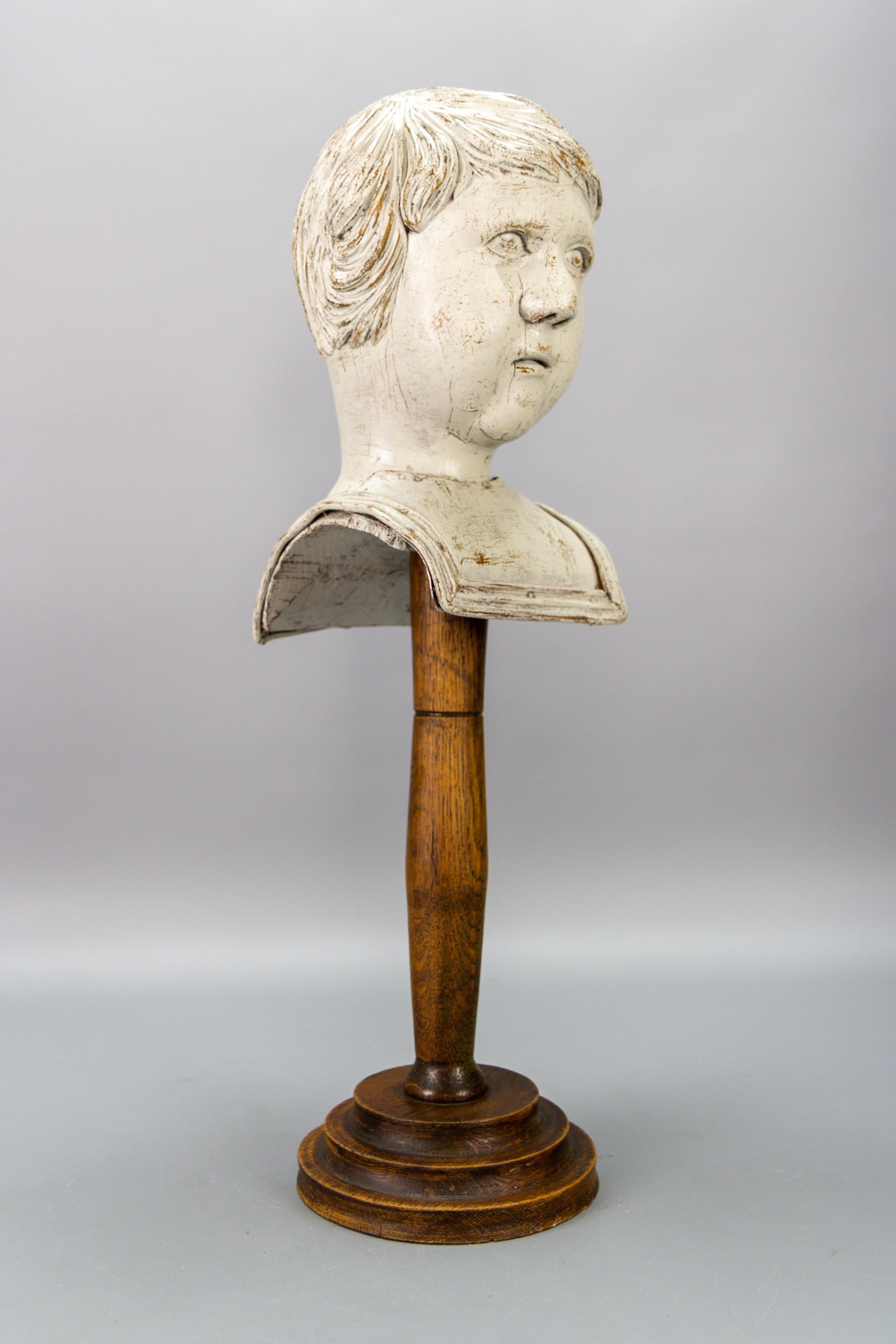 Early 20th Century French Whitewashed Carved Wooden Sculpture Head or Bust on a Pedestal For Sale