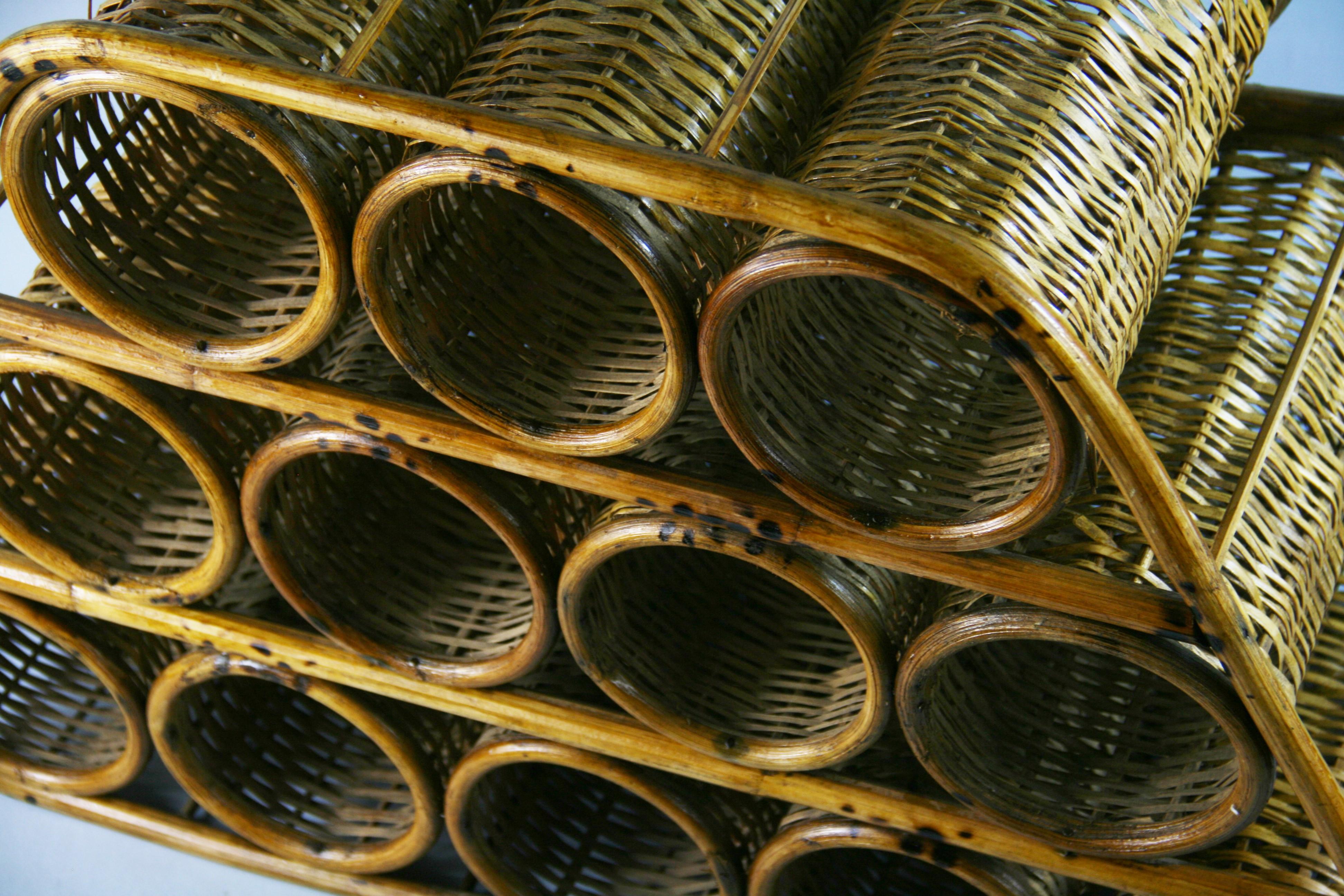 European French Wicker and Bamboo 12 Bottle Wine Rack, 1960's For Sale