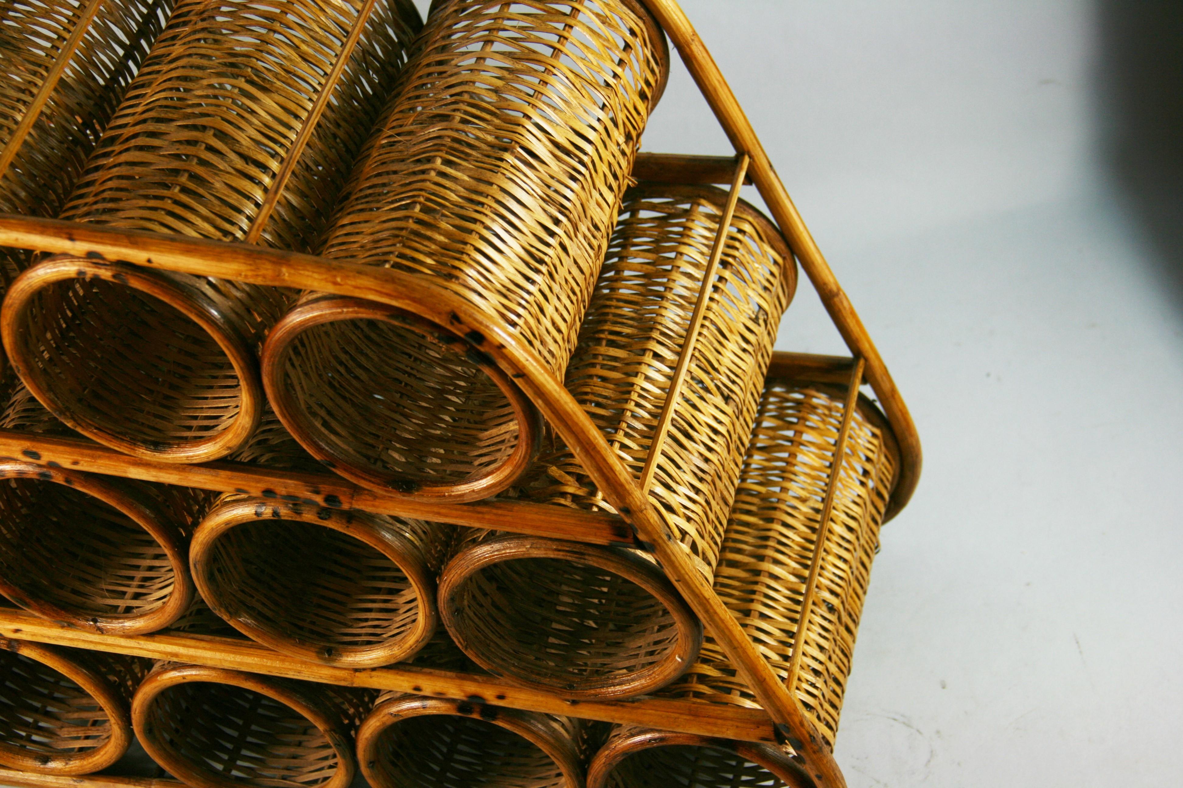 French Wicker and Bamboo 12 Bottle Wine Rack, 1960's In Good Condition For Sale In Douglas Manor, NY