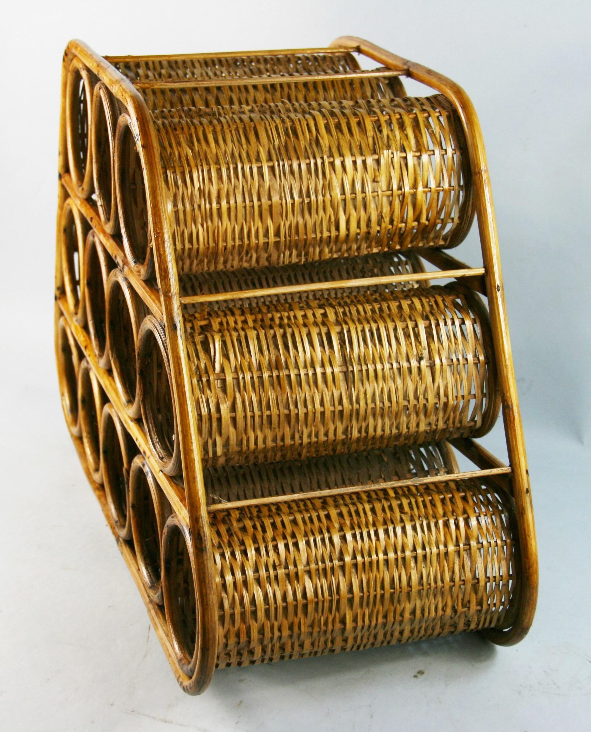 Mid-20th Century French Wicker and Bamboo 12 Bottle Wine Rack, 1960's For Sale