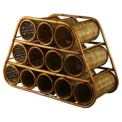 Retro French Wicker and Bamboo 12 Bottle Wine Rack, 1960's