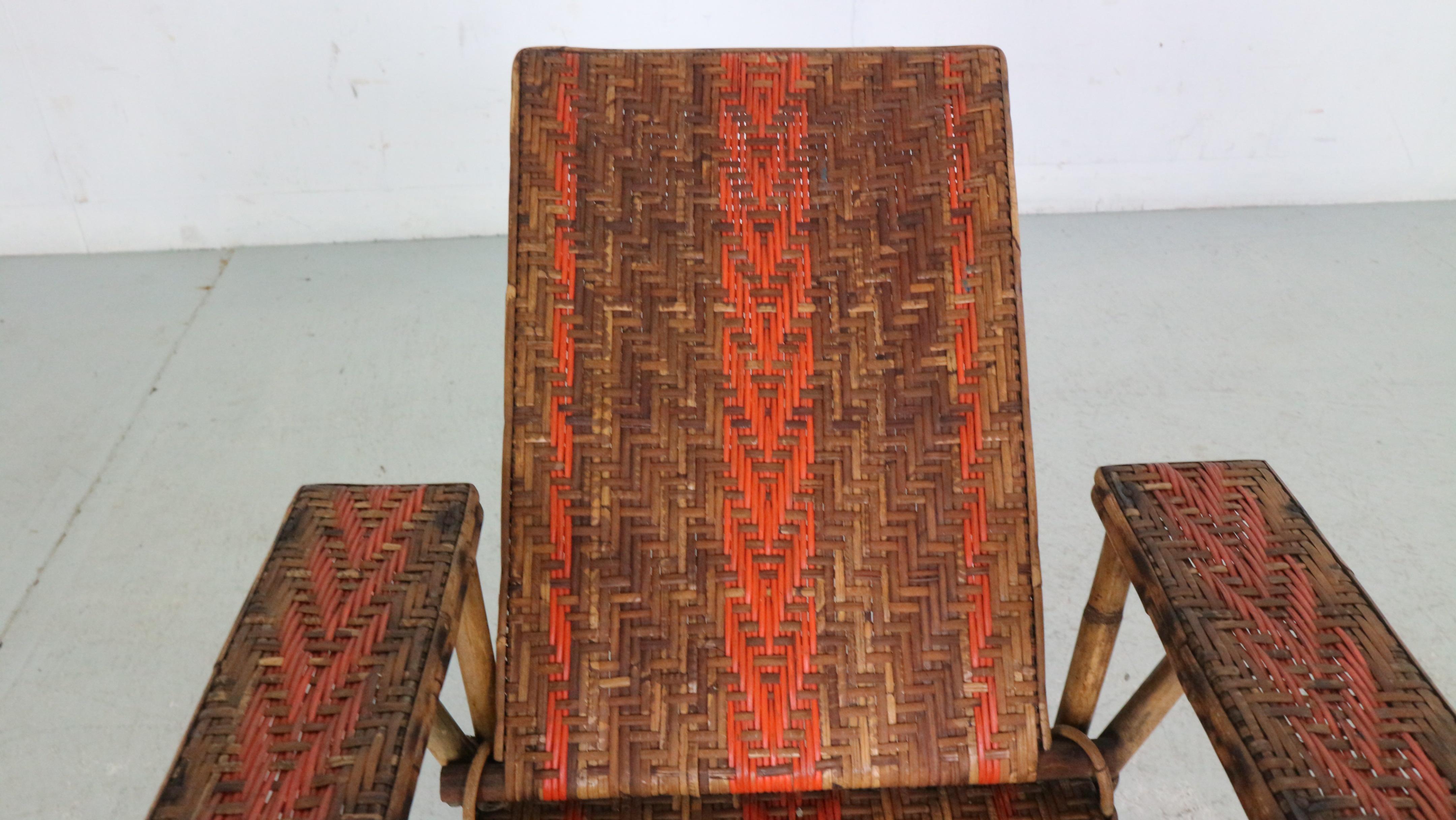 French, Wicker and Bamboo Kids Chaise Longue Chair with Footrest, 1920s 5