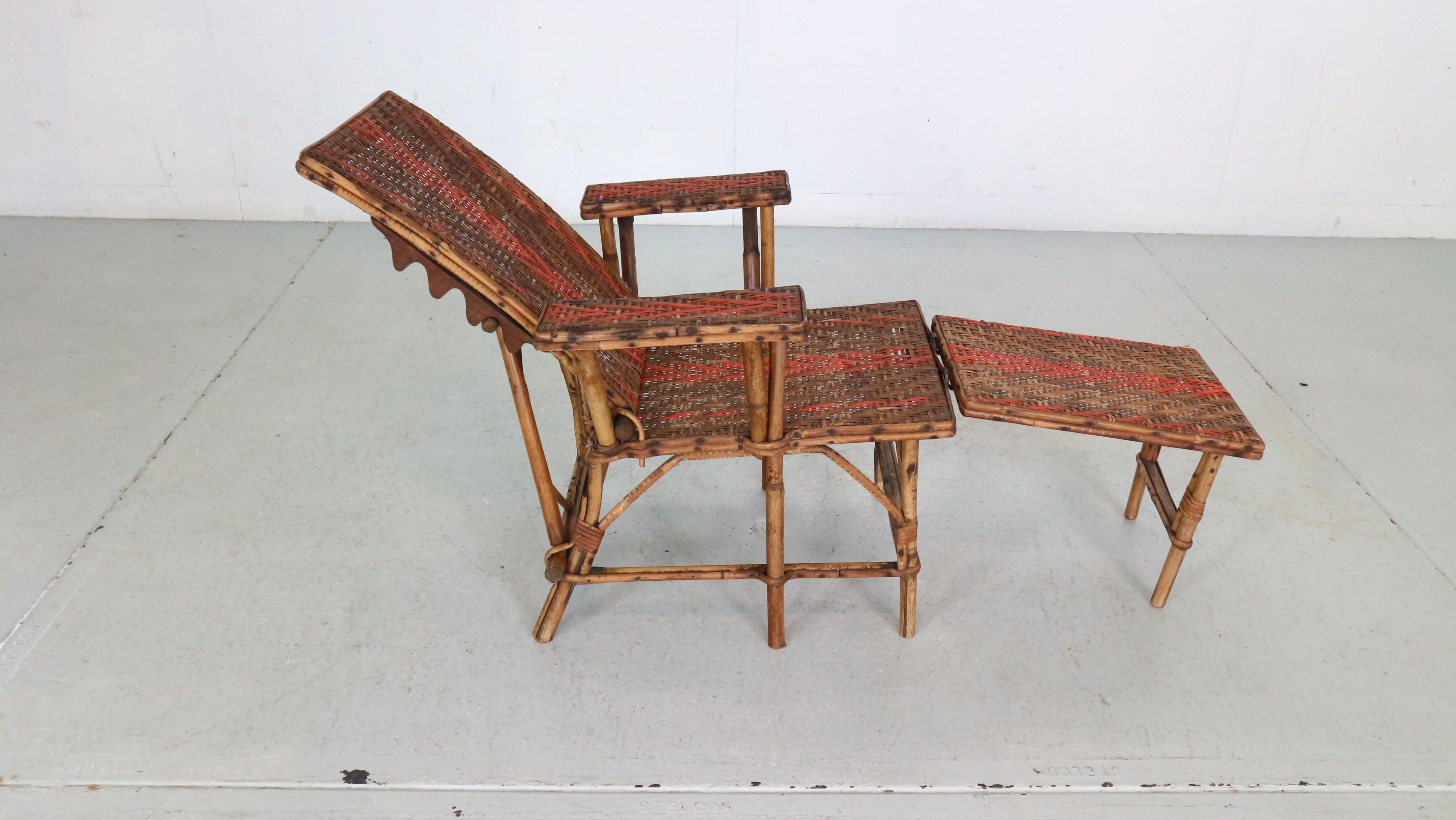 Mid-Century Modern French, Wicker and Bamboo Kids Chaise Longue Chair with Footrest, 1920s