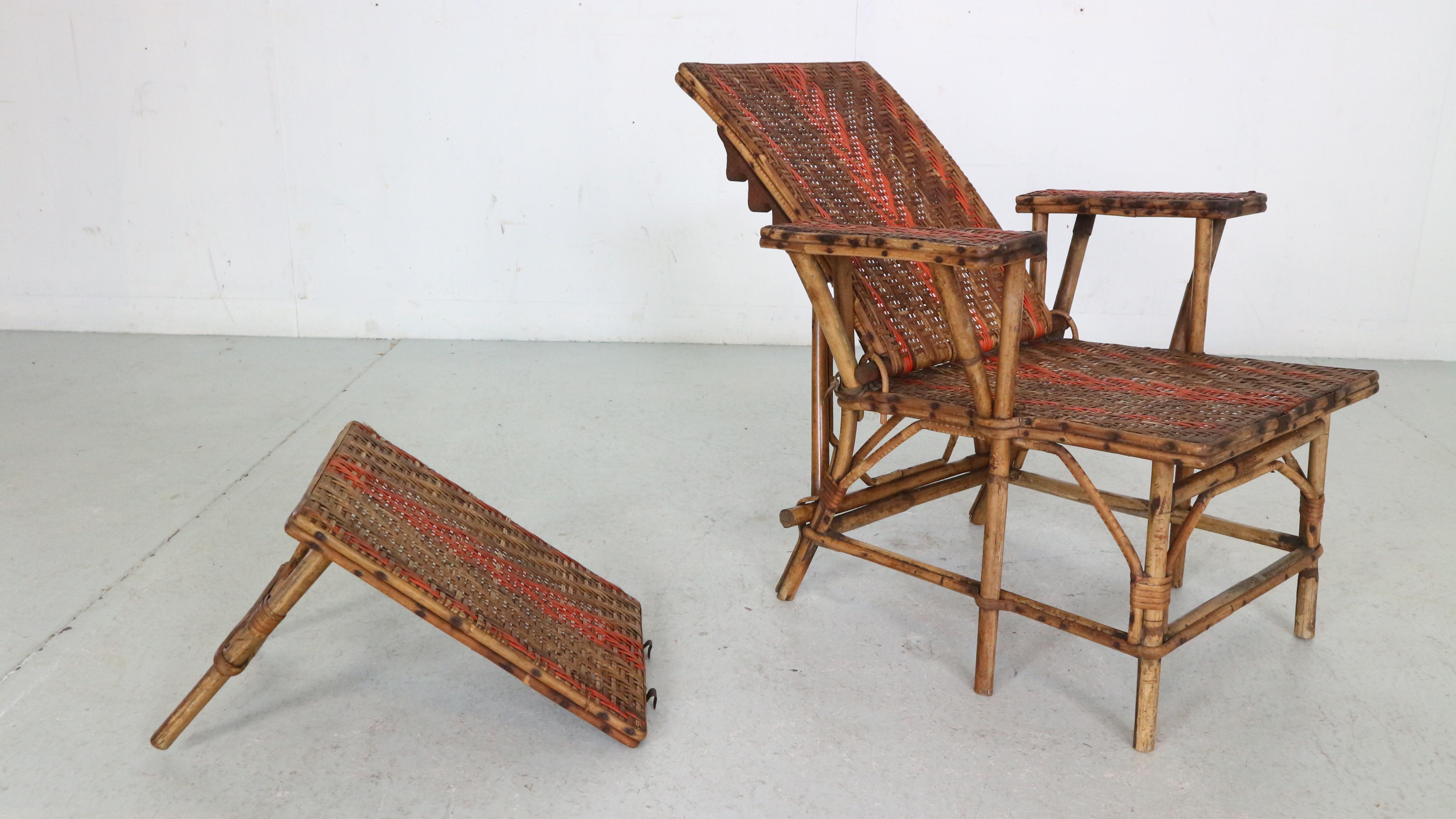 French, Wicker and Bamboo Kids Chaise Longue Chair with Footrest, 1920s 1