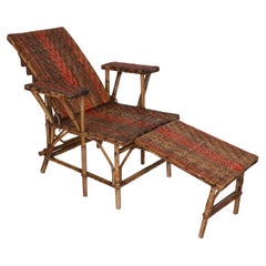 French, Wicker and Bamboo Kids Chaise Longue Chair with Footrest, 1920s