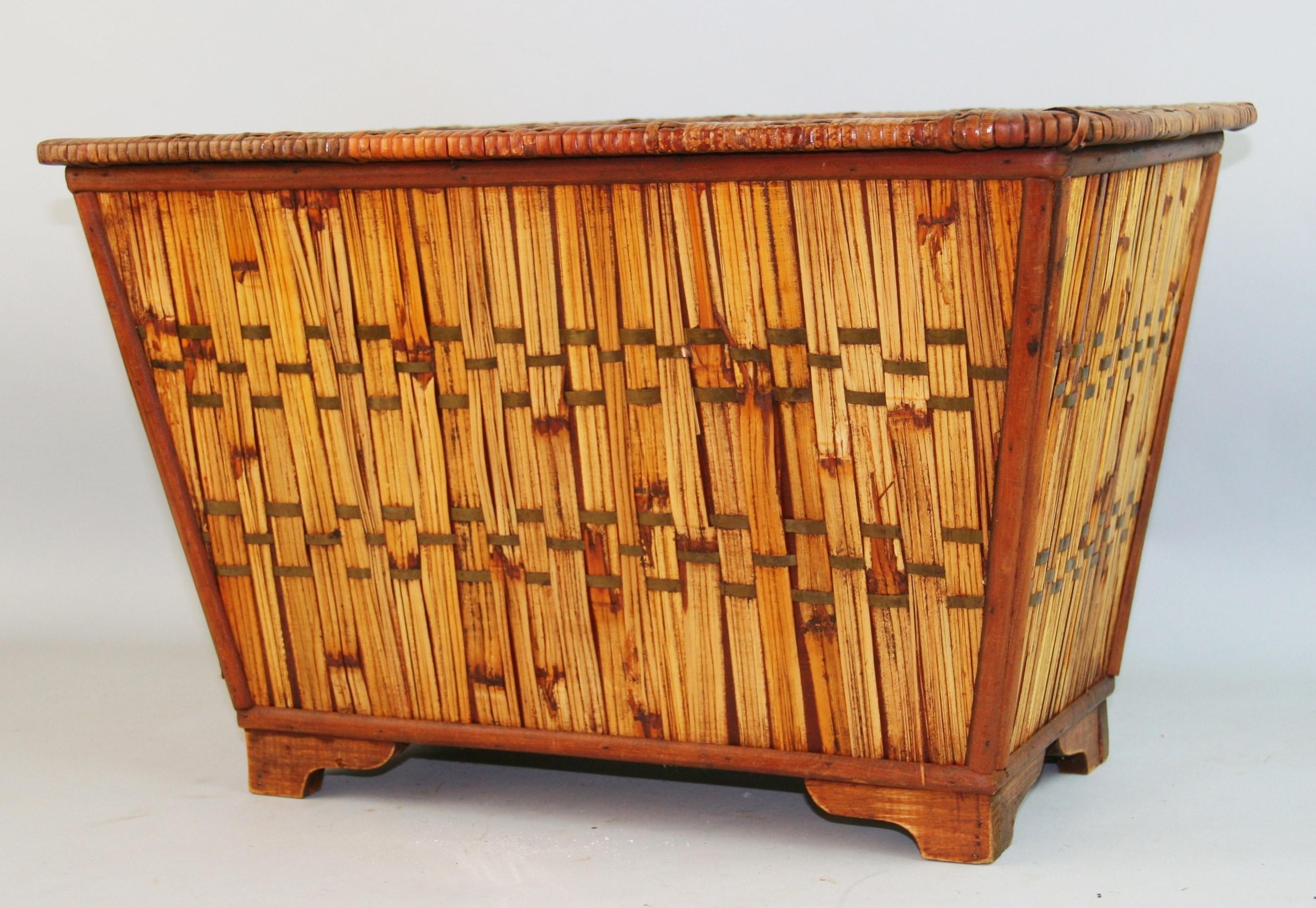 1455 French bamboo and wicker basket with brass trim