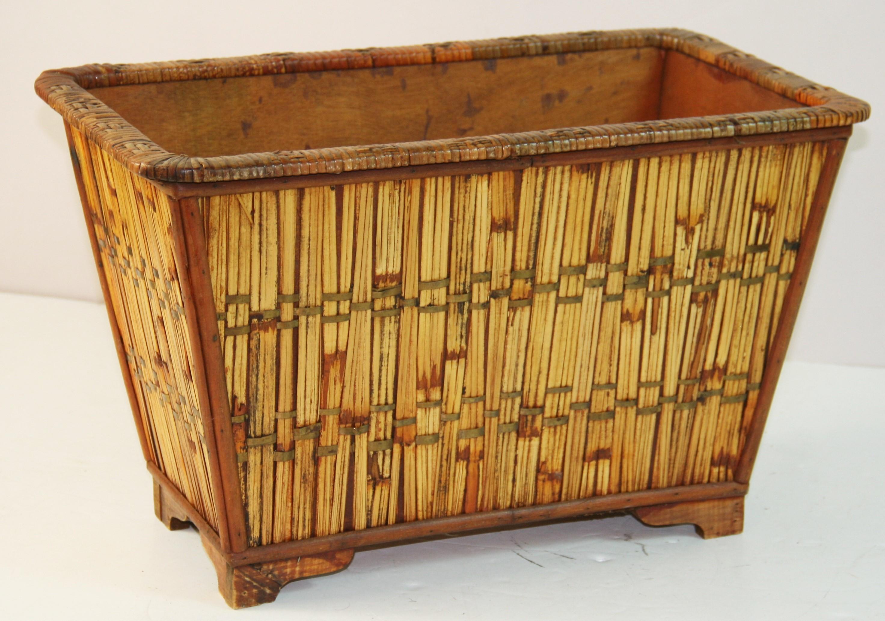 1866 French bamboo and wicker basket with brass trim