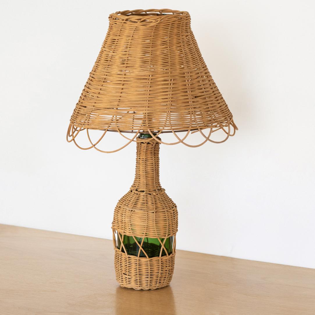 20th Century French Wicker and Glass Bottle Lamp
