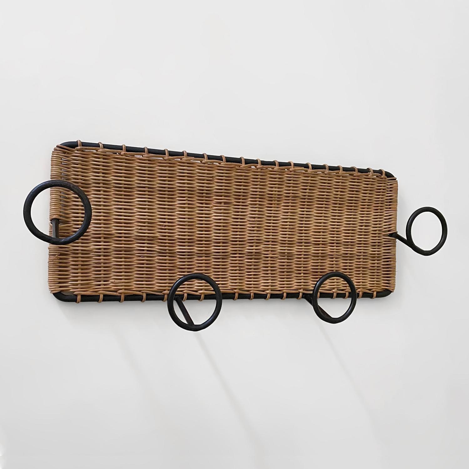 French Wicker and Iron Coat Rack in the style of Jacques Adnet  In Good Condition In Los Angeles, CA