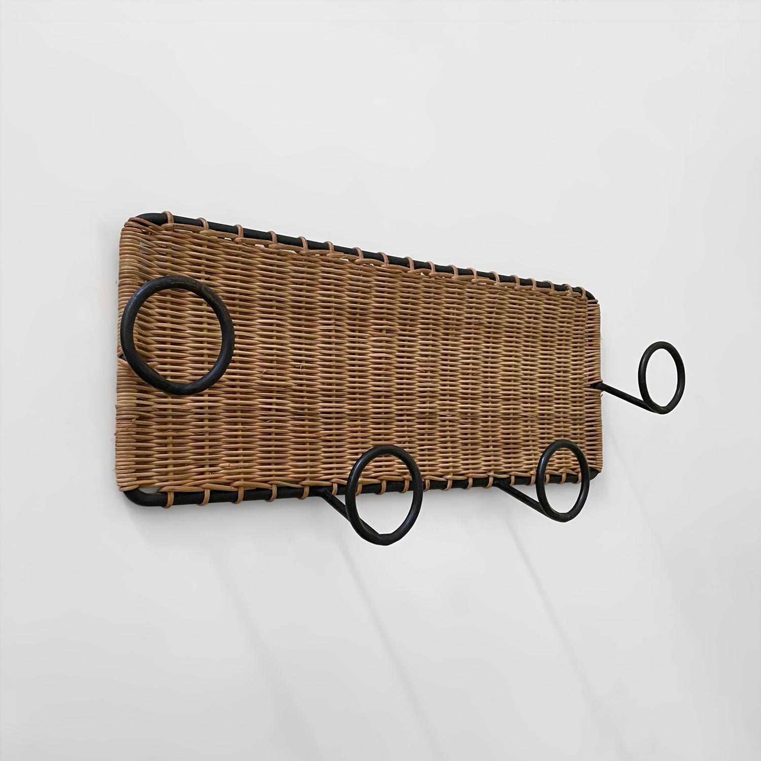 Mid-20th Century French Wicker and Iron Coat Rack in the style of Jacques Adnet 