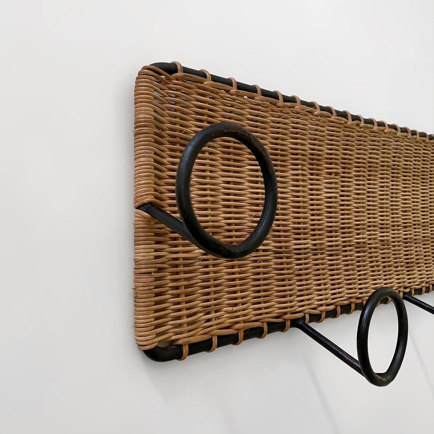 French Wicker and Iron Coat Rack in the style of Jacques Adnet  1
