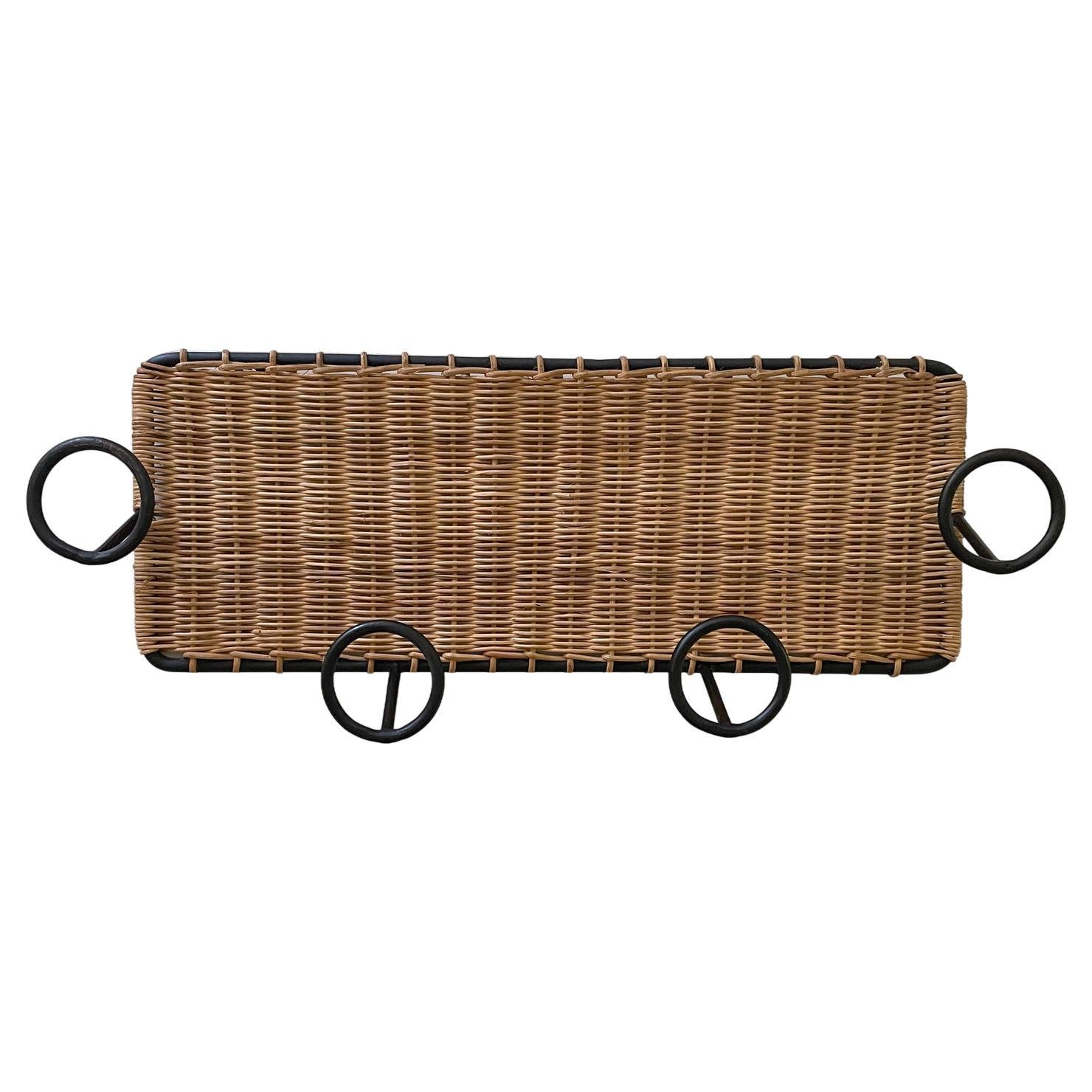 French Wicker and Iron Coat Rack in the style of Jacques Adnet 