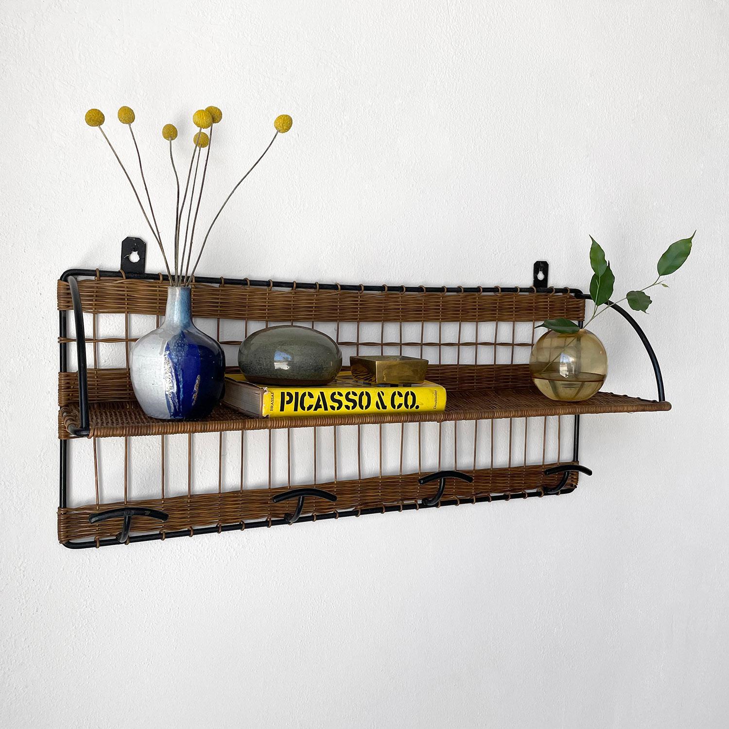 Mid-20th Century French Wicker and Iron Coat Rack with Storage Shelf