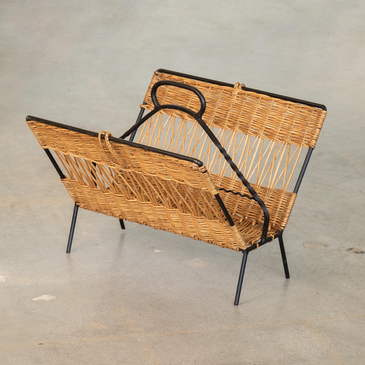 20th Century French Wicker and Iron Magazine Rack For Sale