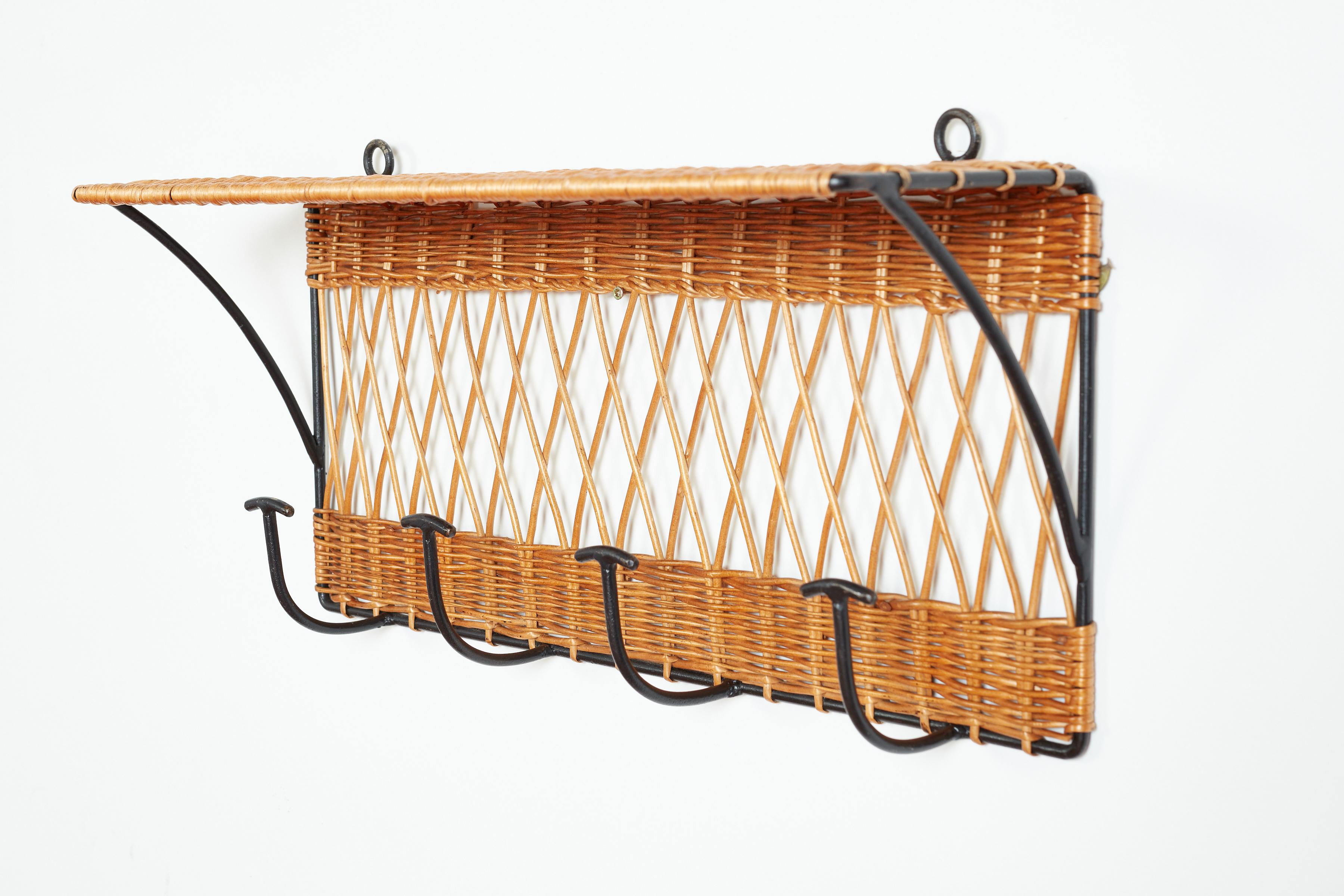 Mid-20th Century French Wicker and Iron Rack with Shelf For Sale