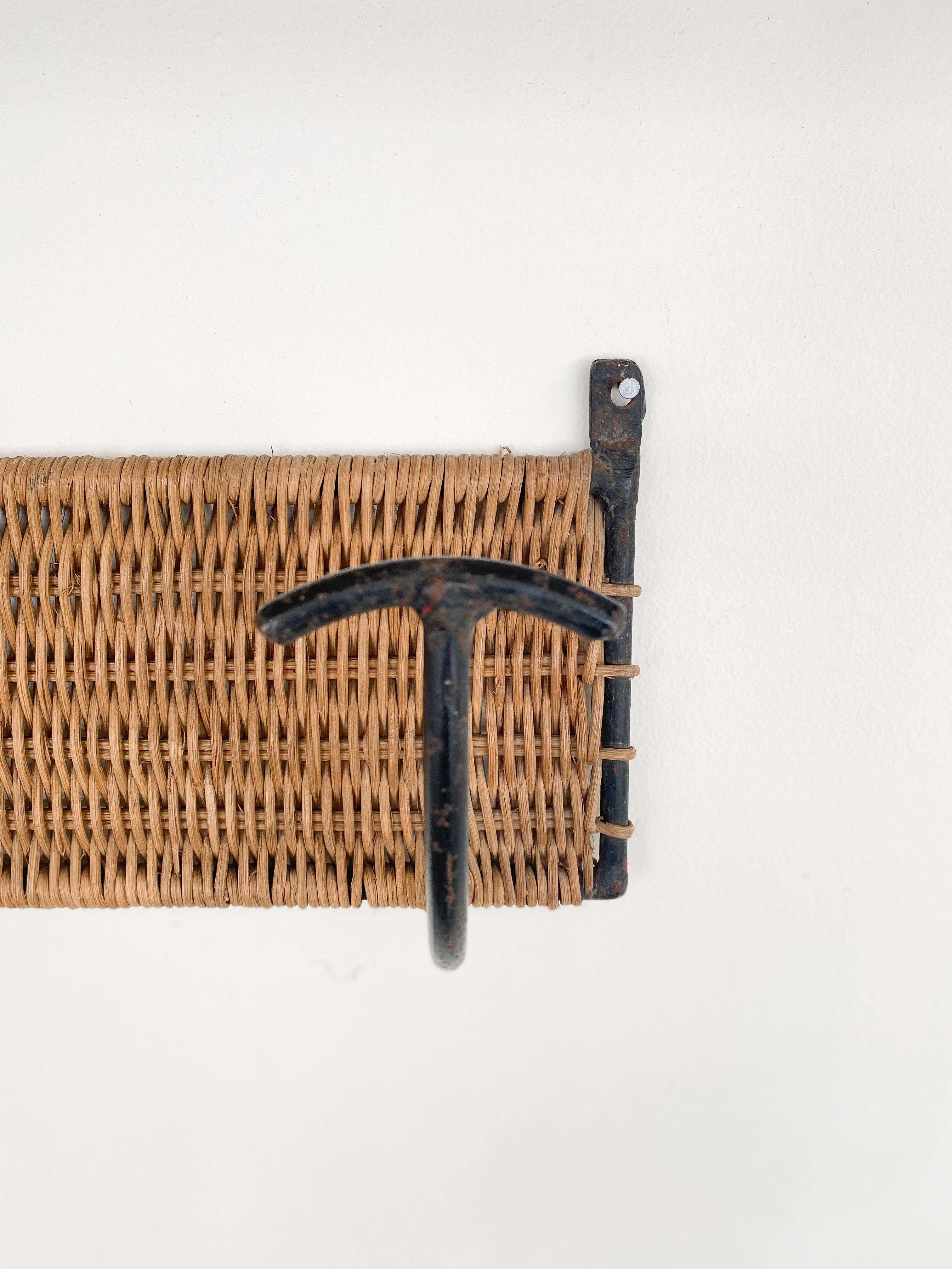 French Wicker and Iron Wall Coat Rack In Good Condition In Los Angeles, CA
