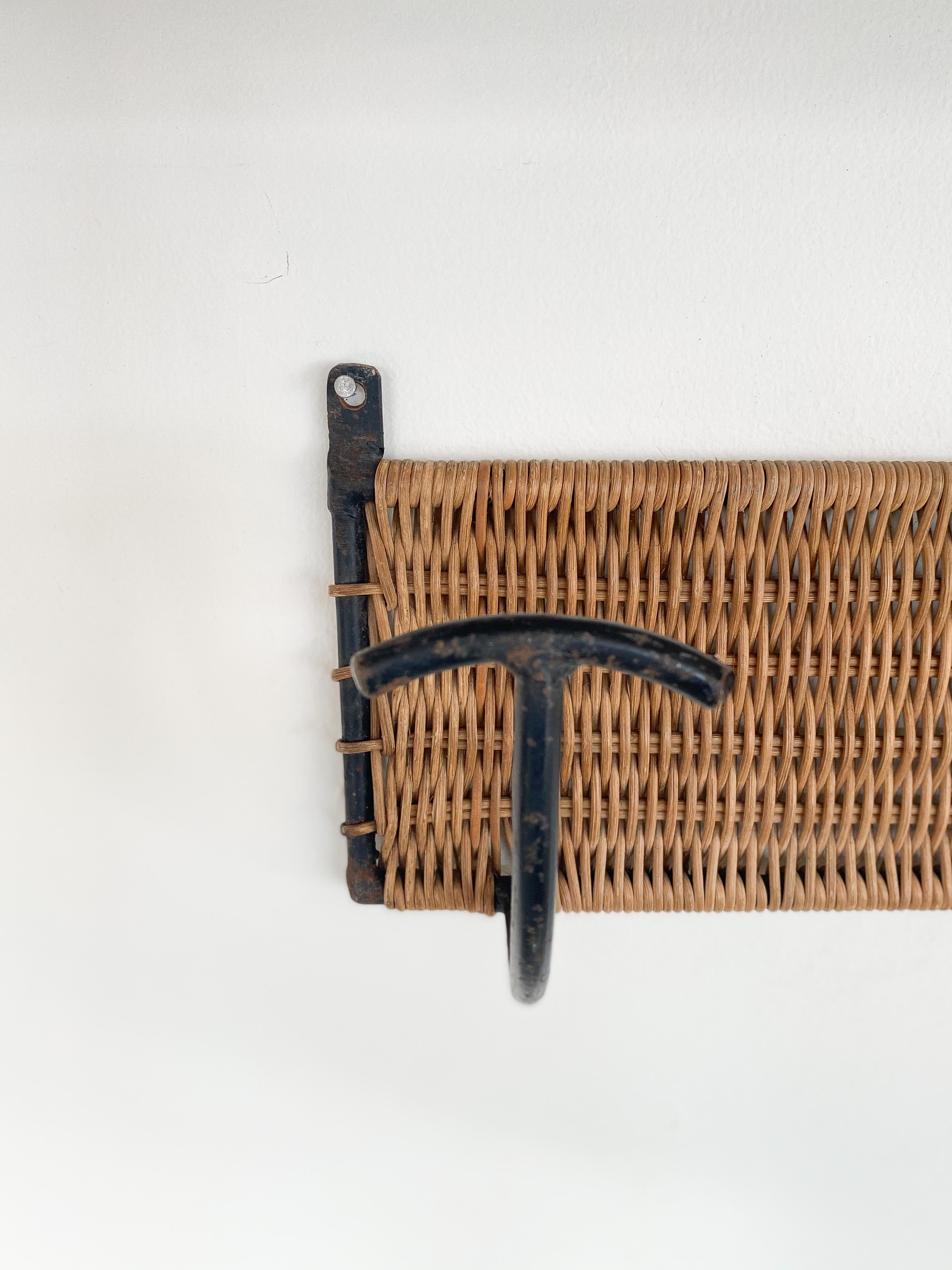 20th Century French Wicker and Iron Wall Coat Rack