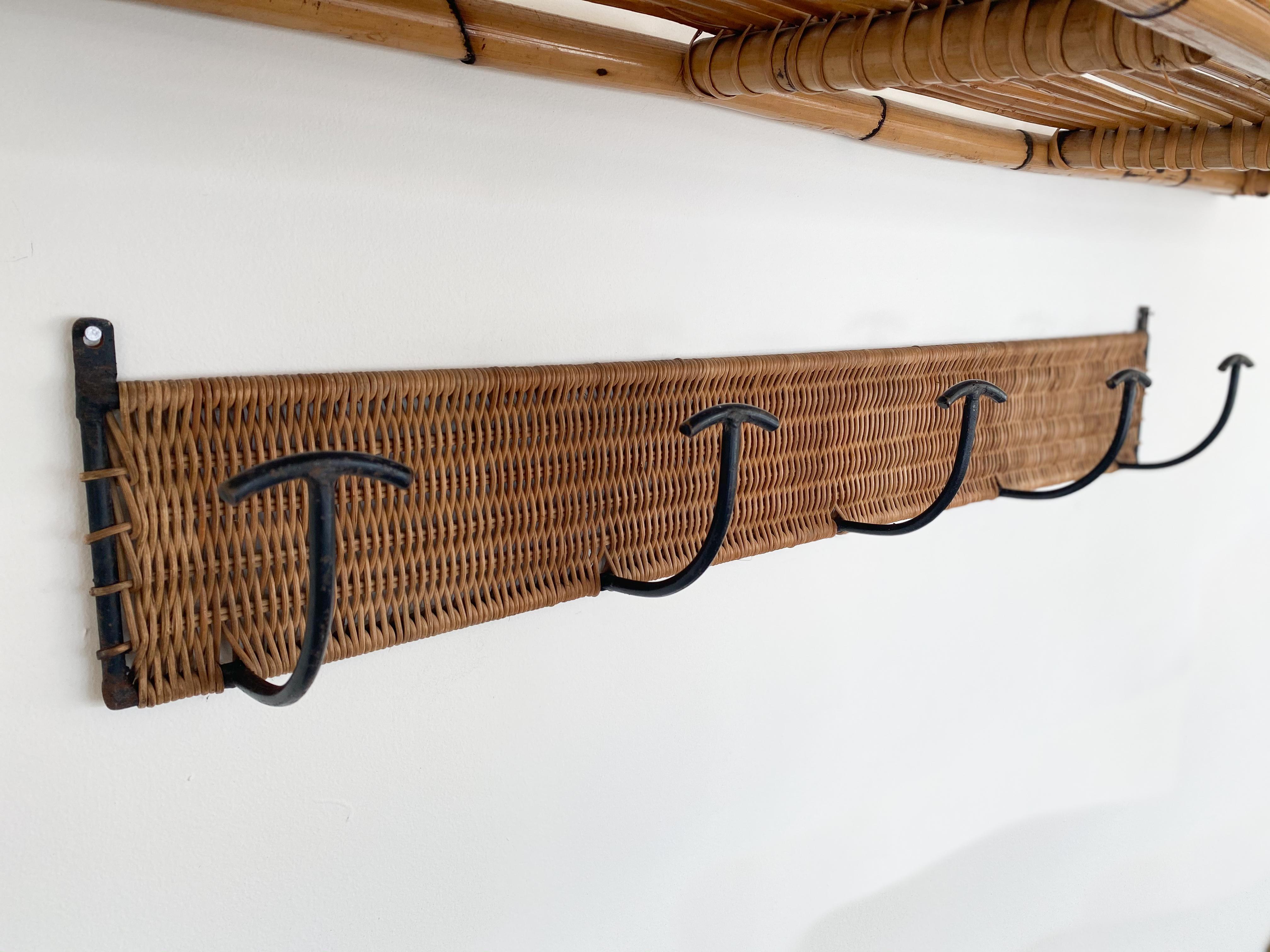 French Wicker and Iron Wall Coat Rack 1