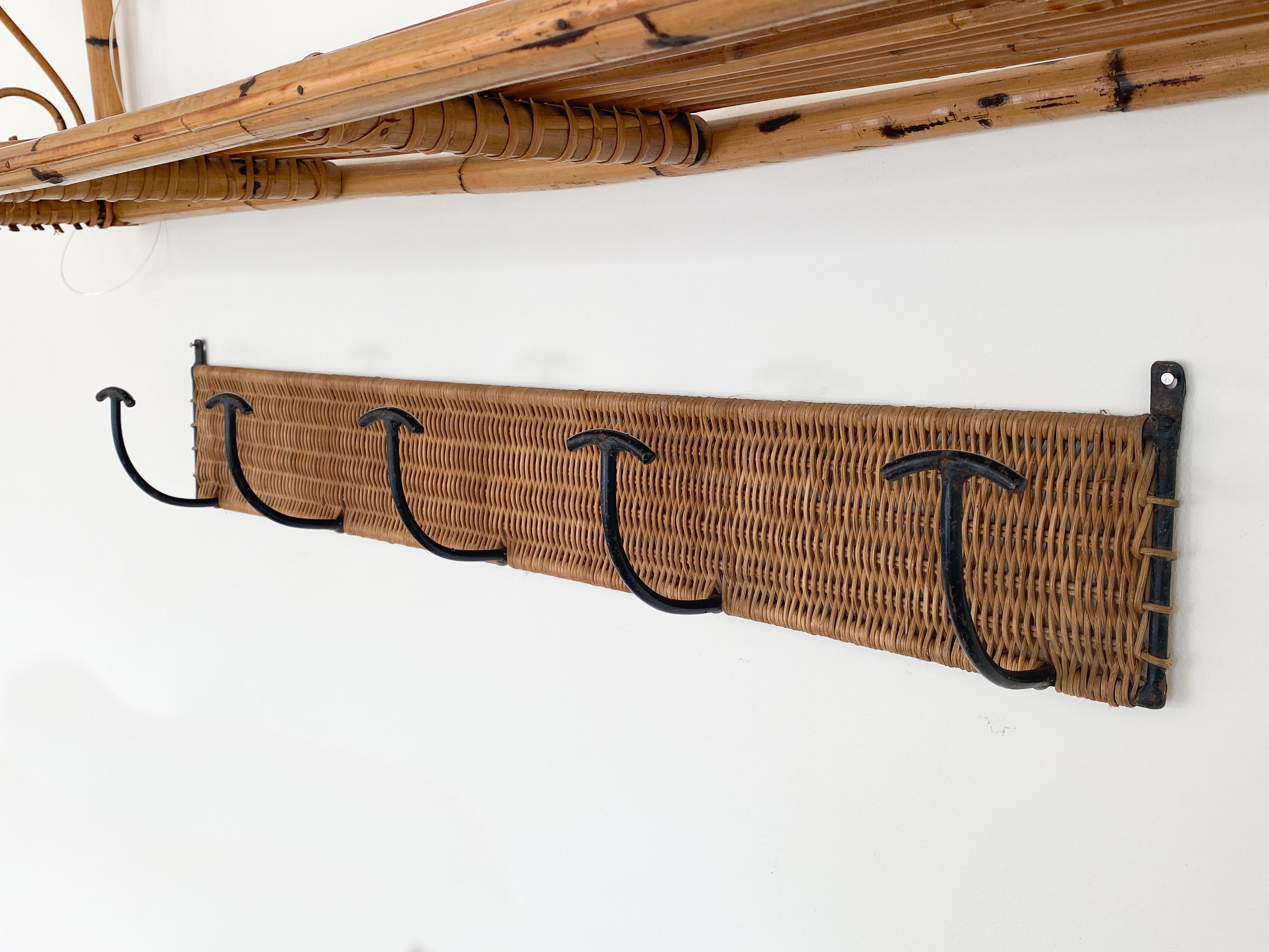 French Wicker and Iron Wall Coat Rack 2