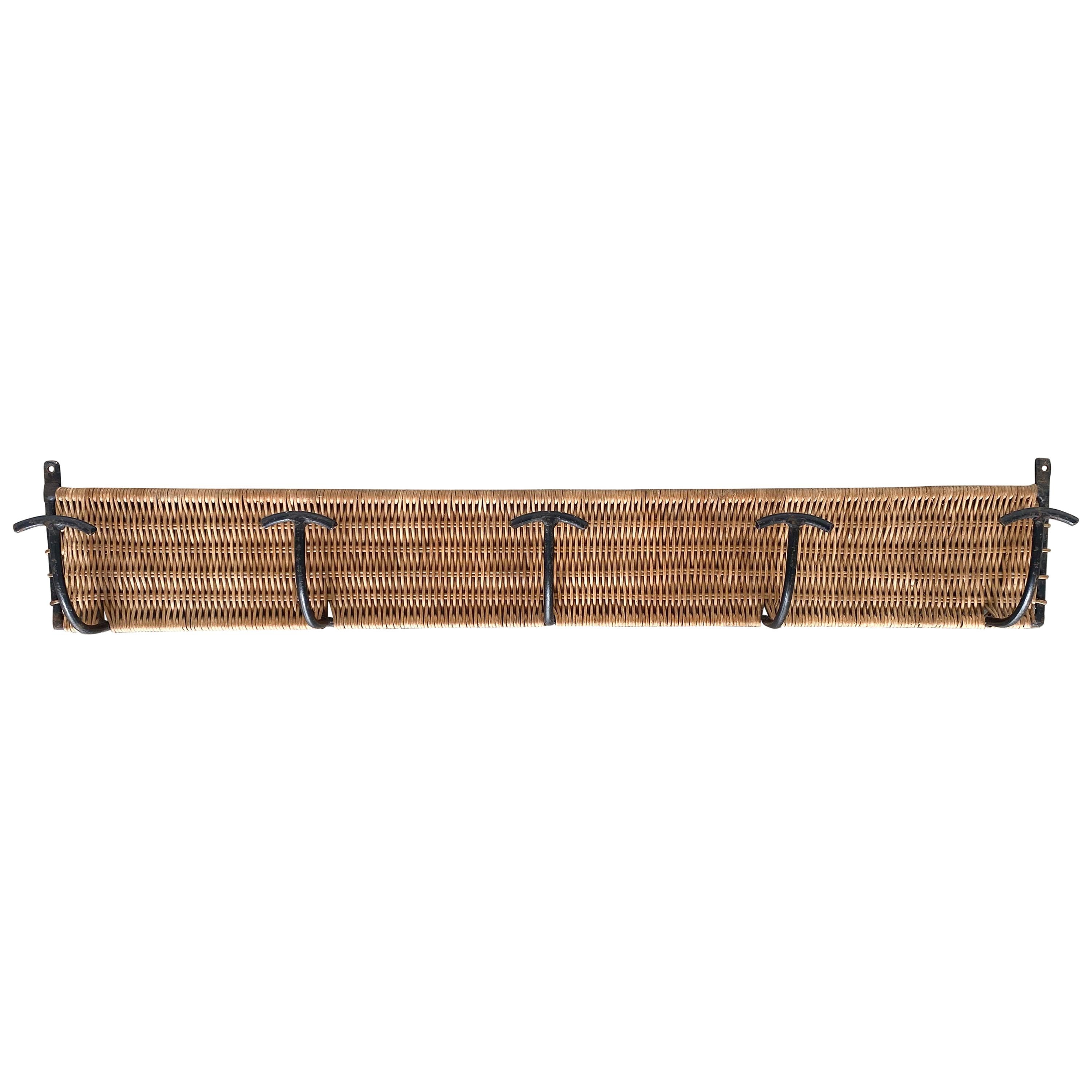 French Wicker and Iron Wall Coat Rack