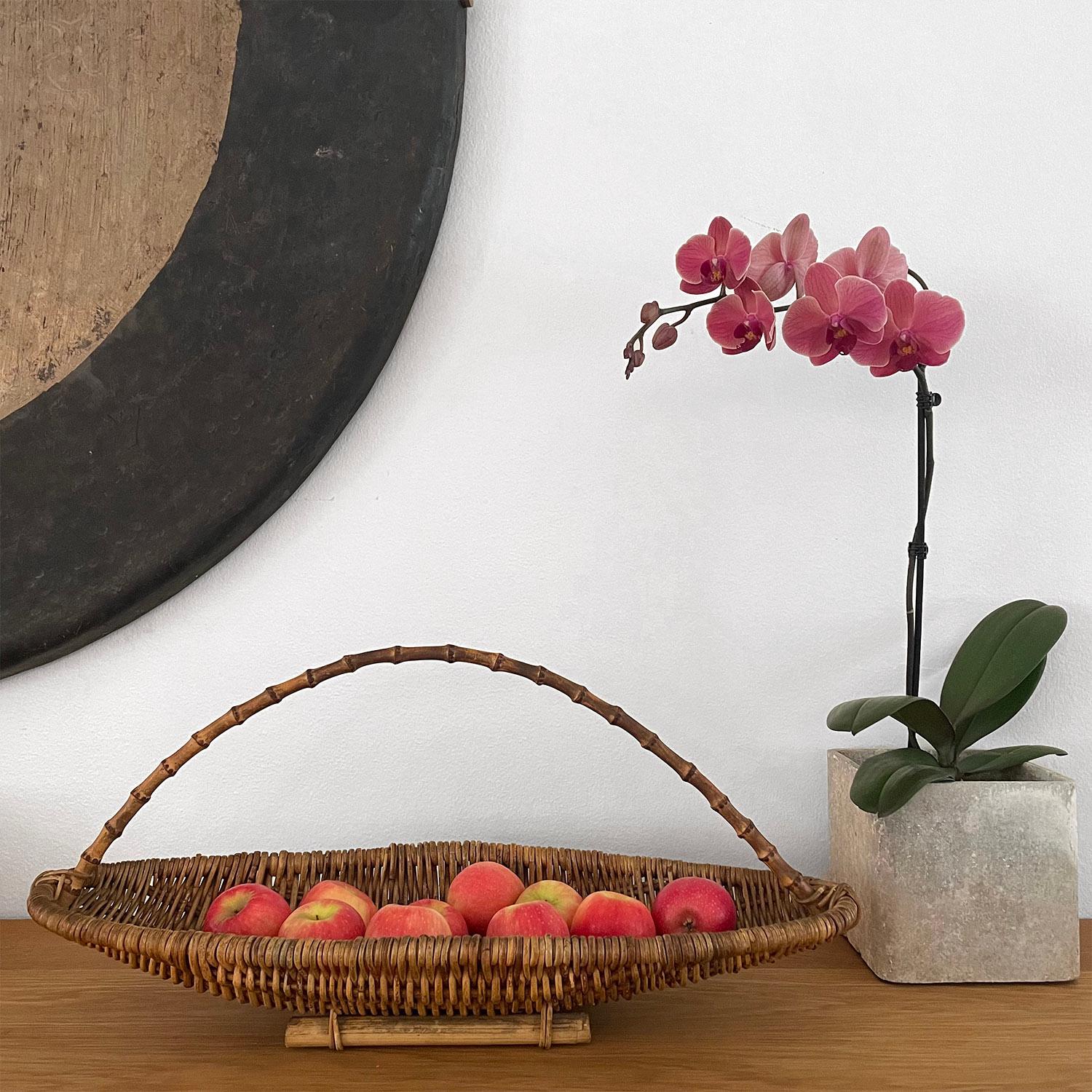 French wicker & bamboo fruit basket
Intricately woven wicker around oblong frame
Accented with arched bamboo handle
Natural color variations throughout
Patina from age and use
Beautiful addition to any surface and wonderful statement centerpiece