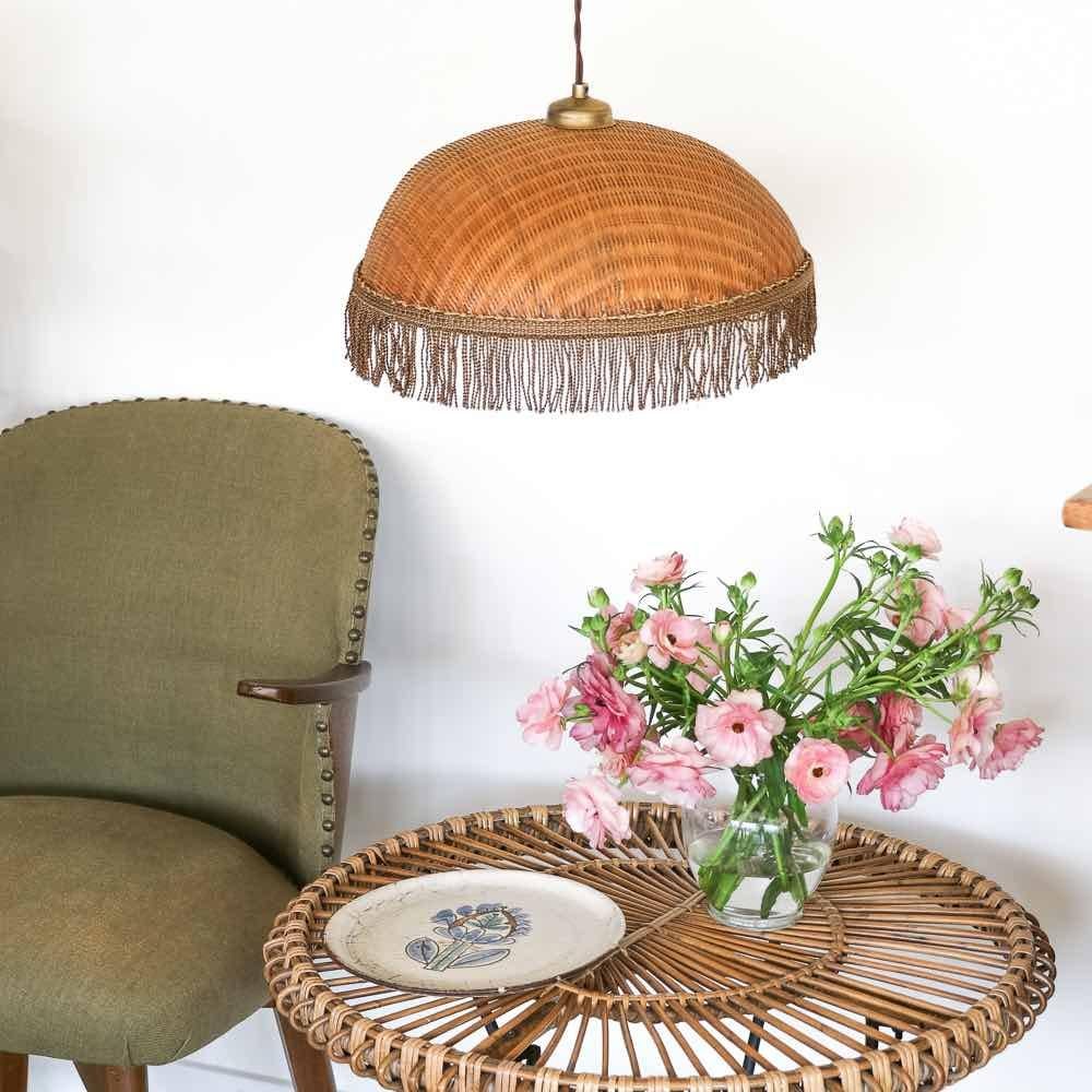 French Wicker Dome Pendant Light In Good Condition For Sale In Los Angeles, CA