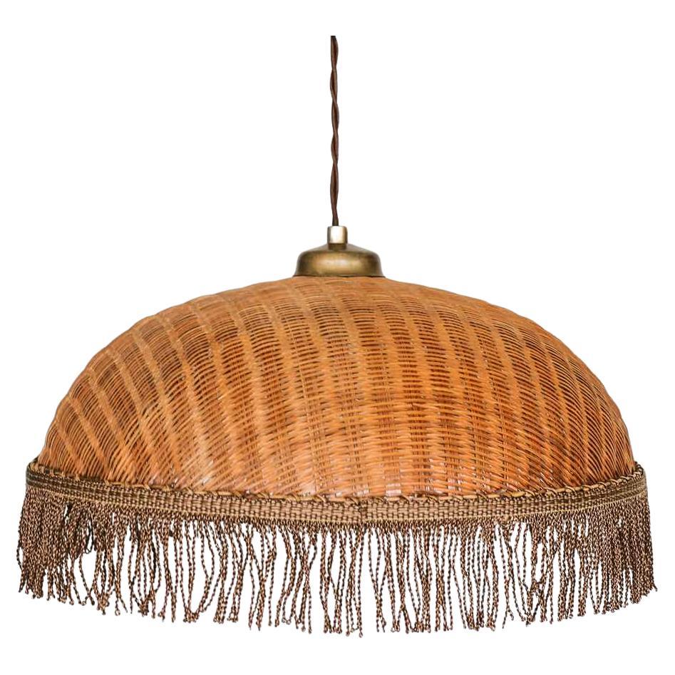 French Wicker Dome Pendant Light For Sale