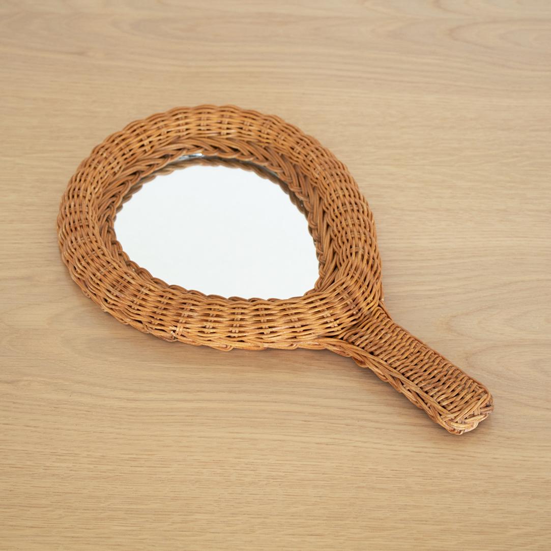 French Wicker Hand-Held Mirror In Good Condition In Los Angeles, CA