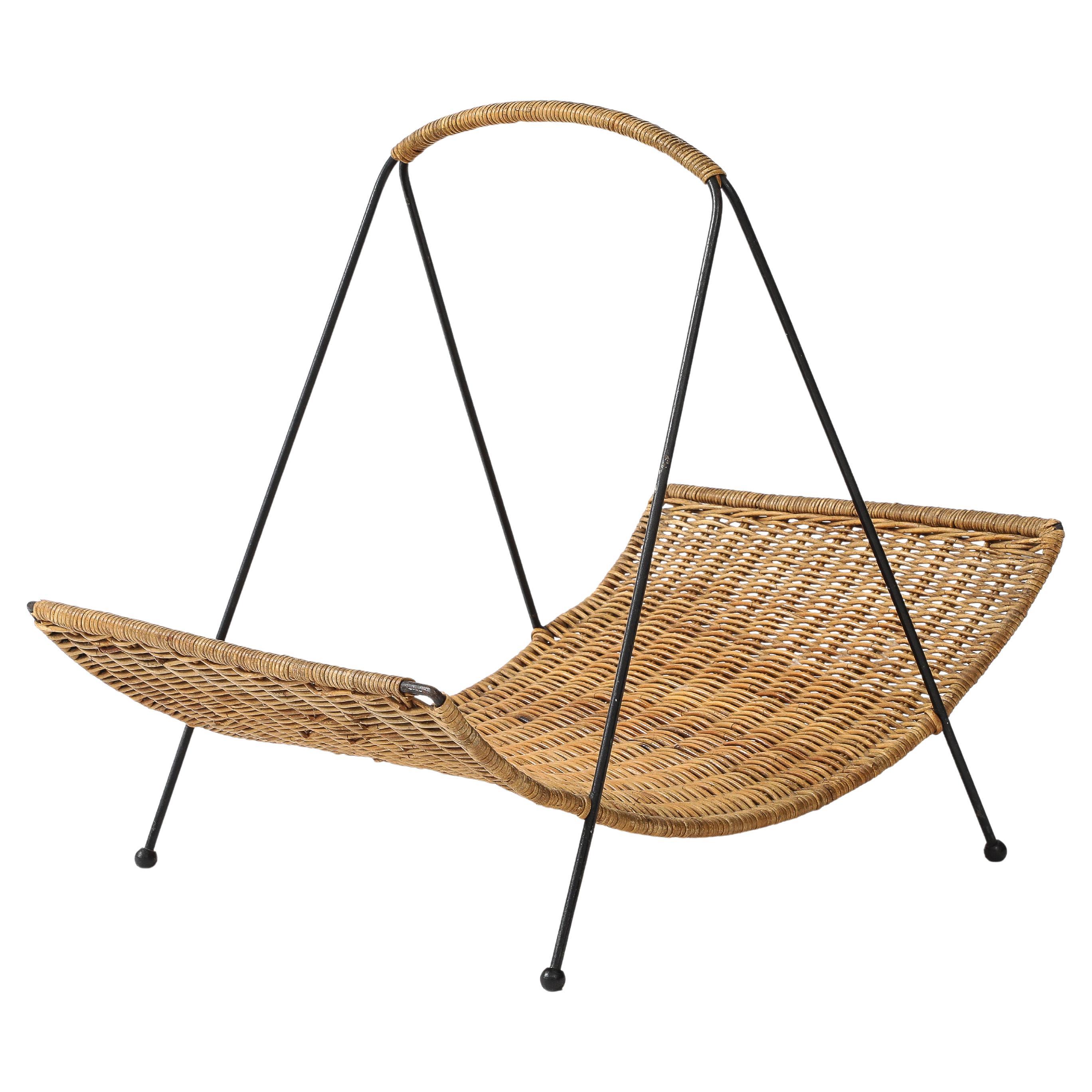 French Wicker & Iron Magazine Rack, 1950's