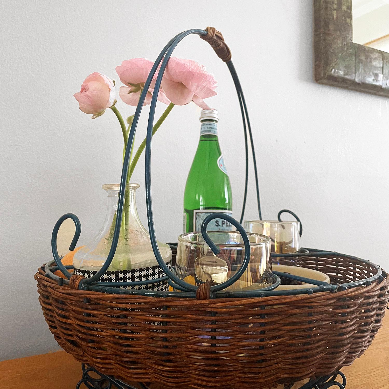 Mid-20th Century French Wicker & Iron Picnic Service Basket For Sale