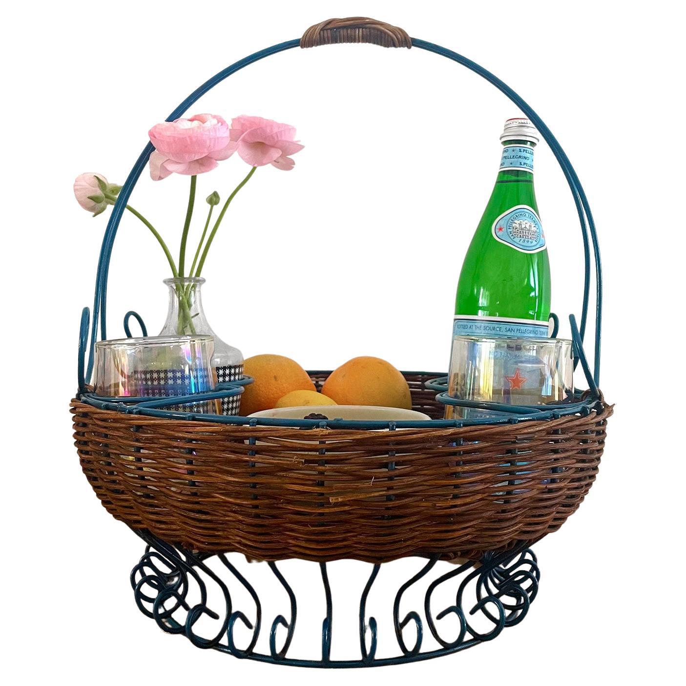 French Wicker & Iron Picnic Service Basket For Sale