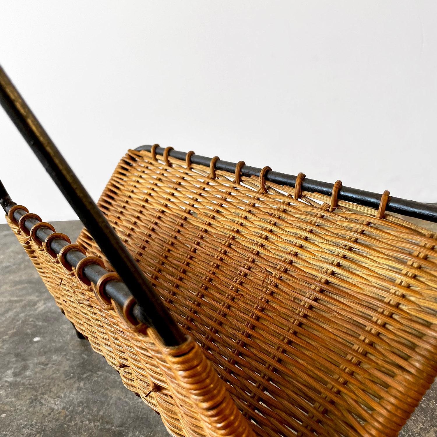 Mid-20th Century French Wicker & Iron Standing Ashtray Catchall with Magazine Holder For Sale