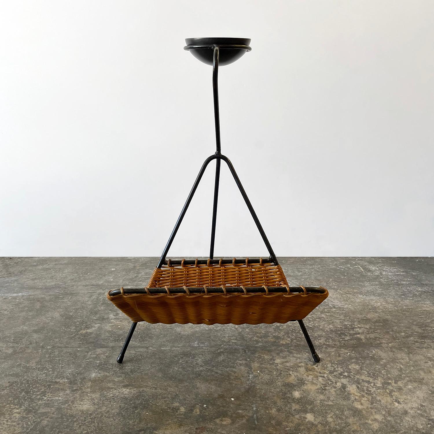 French Wicker & Iron Standing Ashtray Catchall with Magazine Holder 3