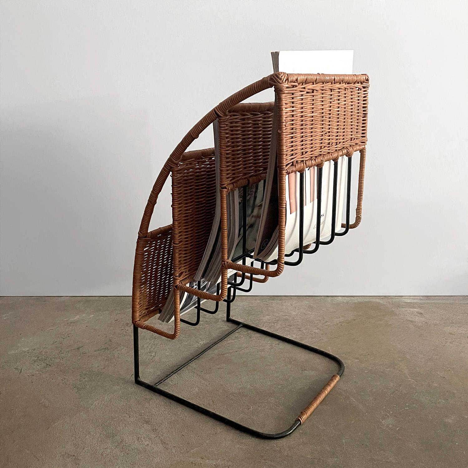 French Wicker & Iron Tiered Magazine Stand in the style of Jacques Adnet  For Sale 6