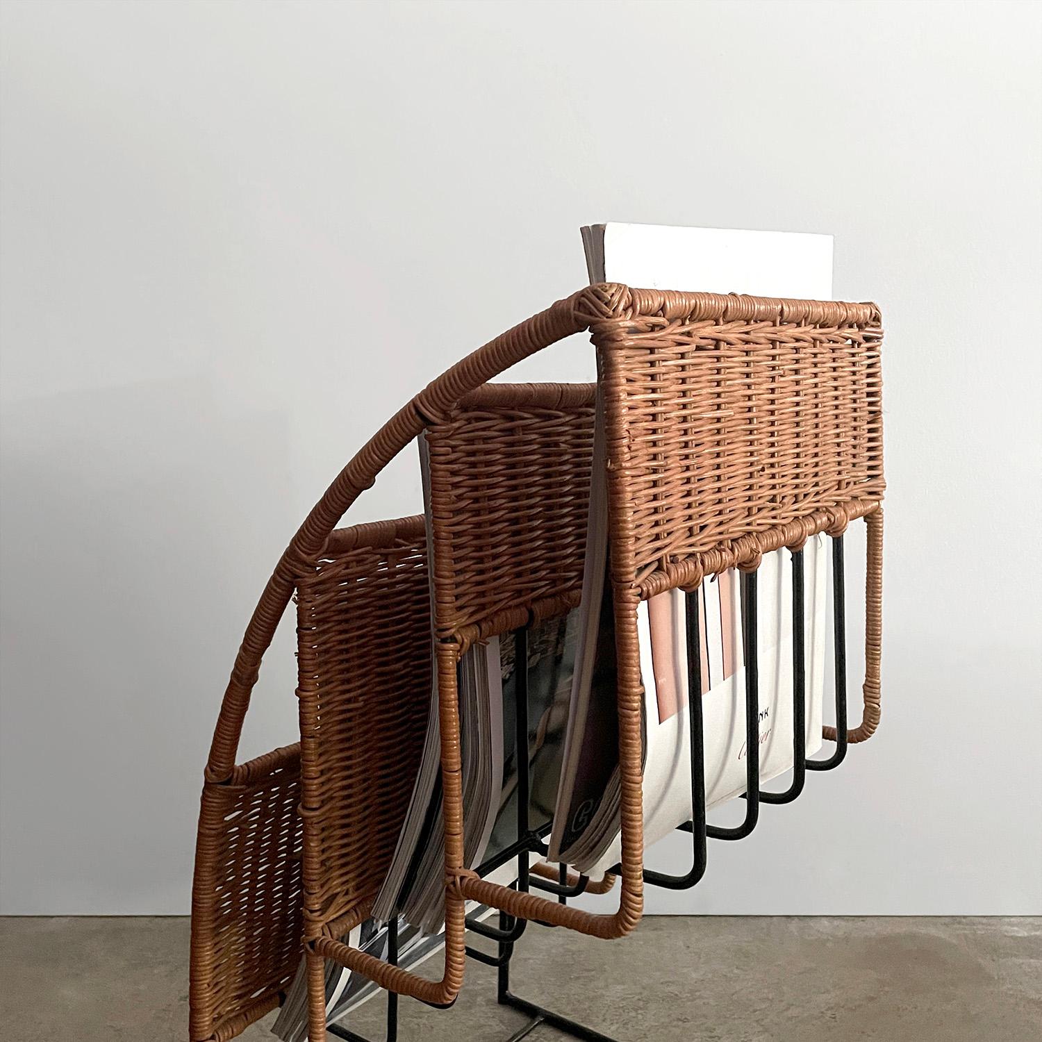 French Wicker & Iron Tiered Magazine Stand in the style of Jacques Adnet  For Sale 7