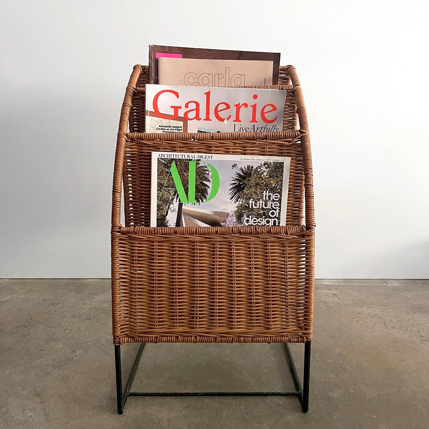 French Wicker & Iron Tiered Magazine Stand in the style of Jacques Adnet  For Sale 11