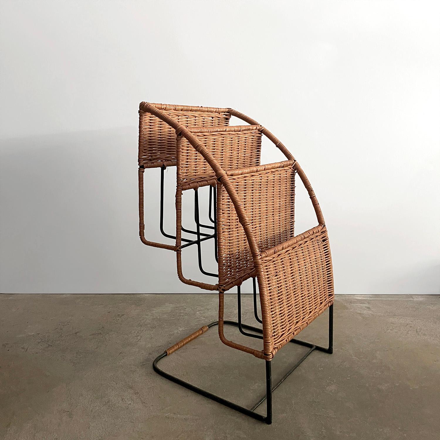 French Wicker & Iron Tiered Magazine Stand in the style of Jacques Adnet  For Sale 13