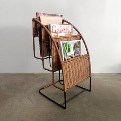 French Wicker & Iron Tiered Magazine Stand in the style of Jacques Adnet