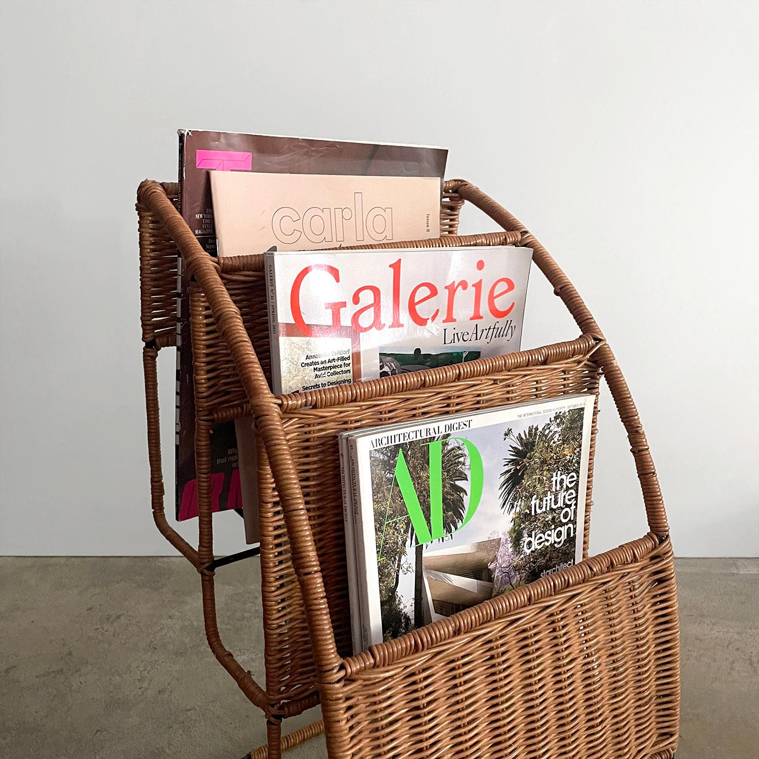 French Wicker & Iron Tiered Magazine Stand in the style of Jacques Adnet  In Good Condition For Sale In Los Angeles, CA