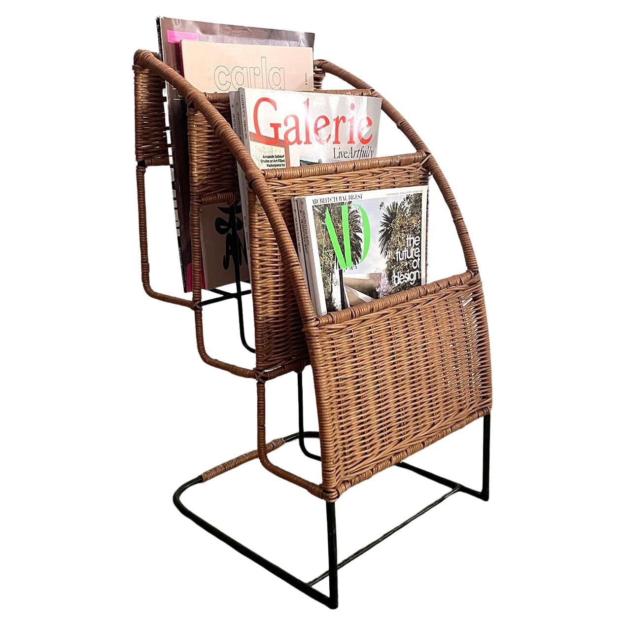 French Wicker & Iron Tiered Magazine Stand in the style of Jacques Adnet  For Sale