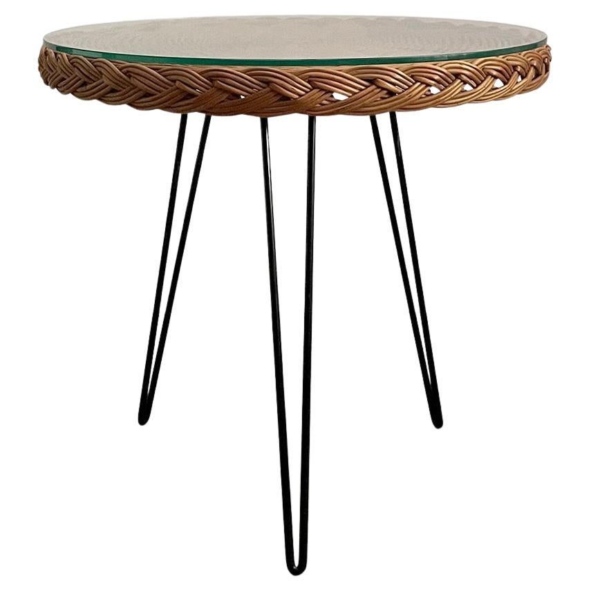 French Wicker & Iron Tripod Table For Sale