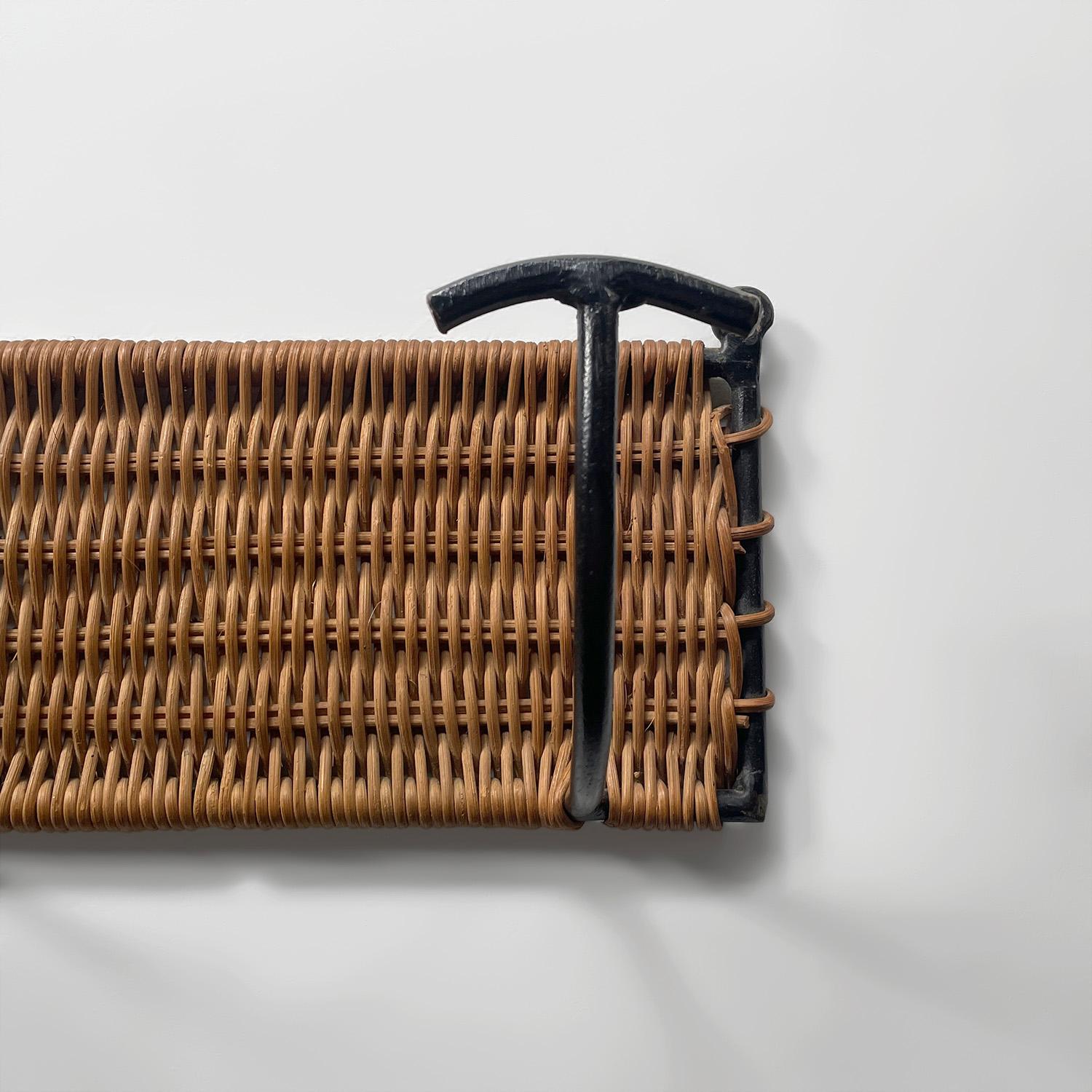 Mid-20th Century French Mid Century Wicker & Iron Wall Hooks Coat Rack For Sale
