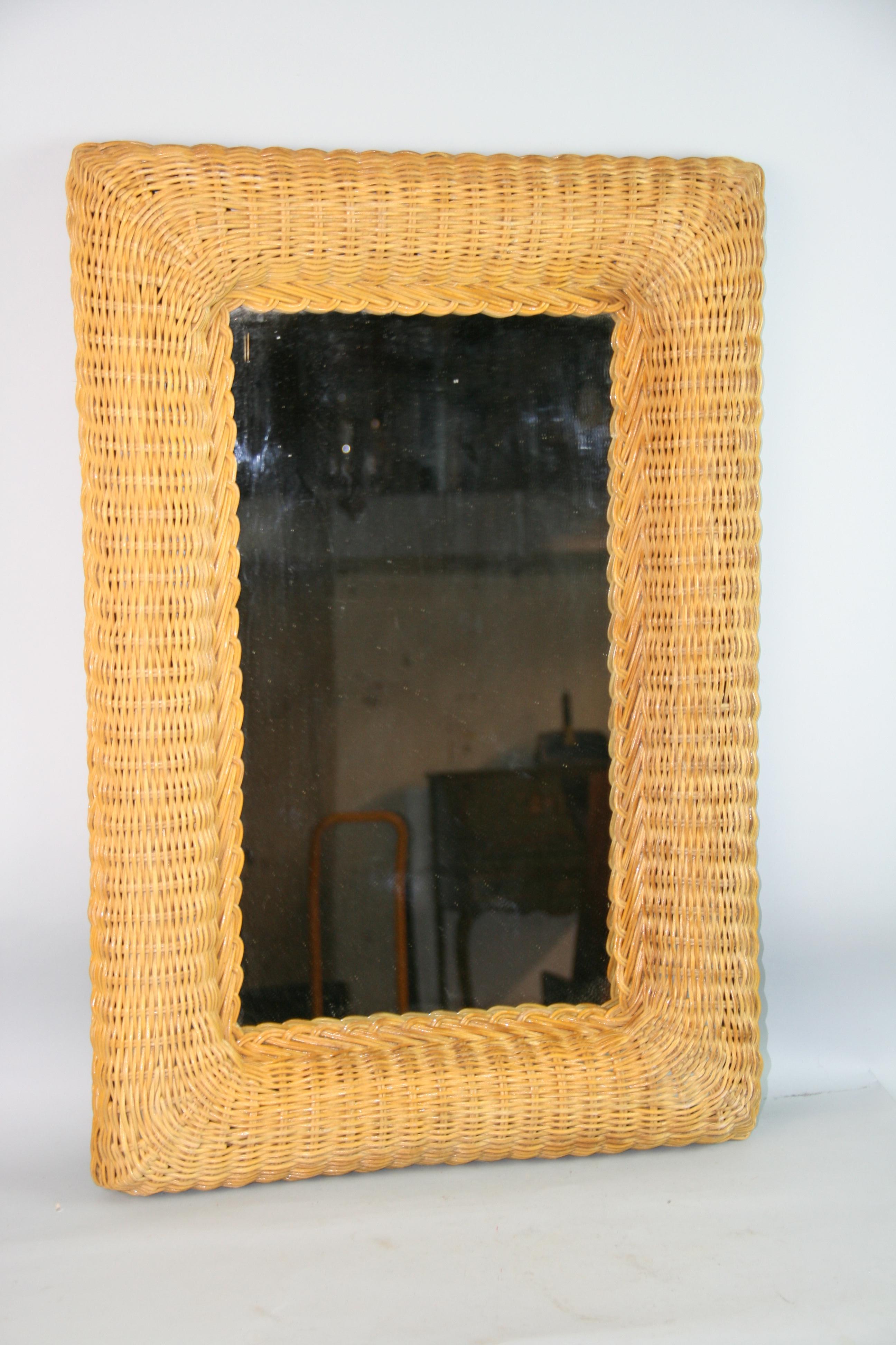 1357 French hand woven wicker wall mirror
